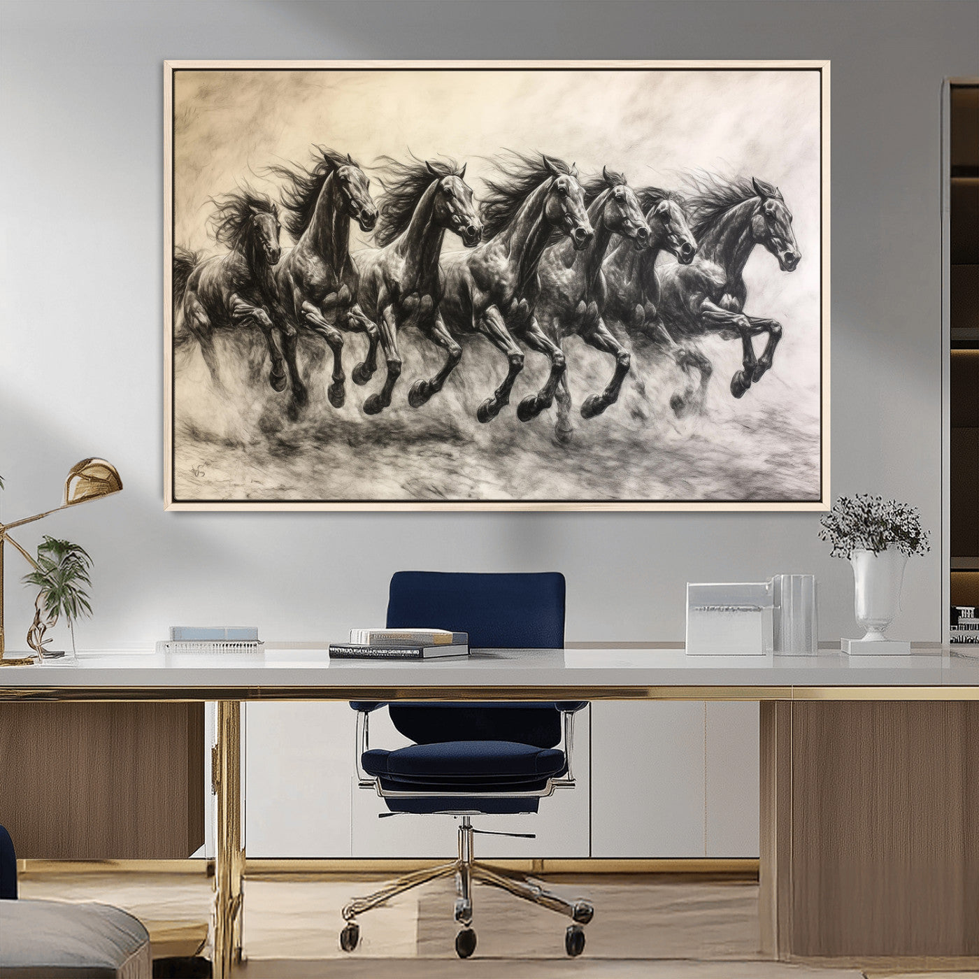 MGV-FC-36X24 - Galloping Horses Wall Art Canvas Print, Framed Wild Stallions Art Picture Print, Horse Herd Sketch Perfect Monochrome Dynamic Decor Artwork