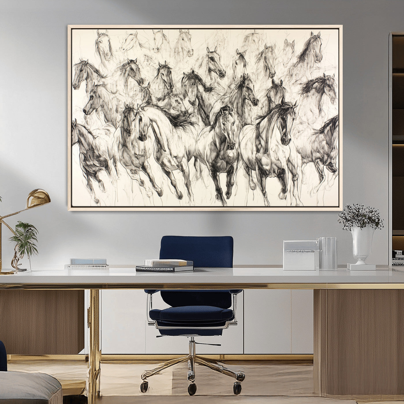 MGV-FC-36X24 - Running Horses Wall Art Canvas Print, Framed Horse Sketch Art Picture Print, Galloping Herd Perfect Monochrome Western Decor Artwork