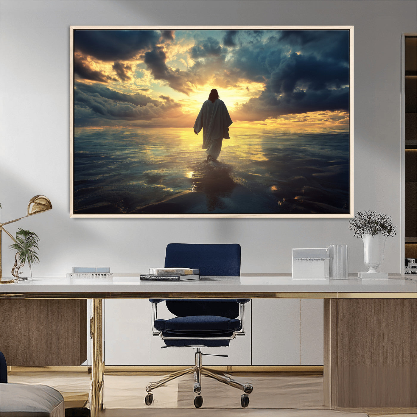 MGV-FC-36X24 - Jesus Walks Wall Art Canvas Print, Framed Divine Sunset Art Picture Print, Spiritual Light Perfect Spiritual Tranquil Decor Artwork