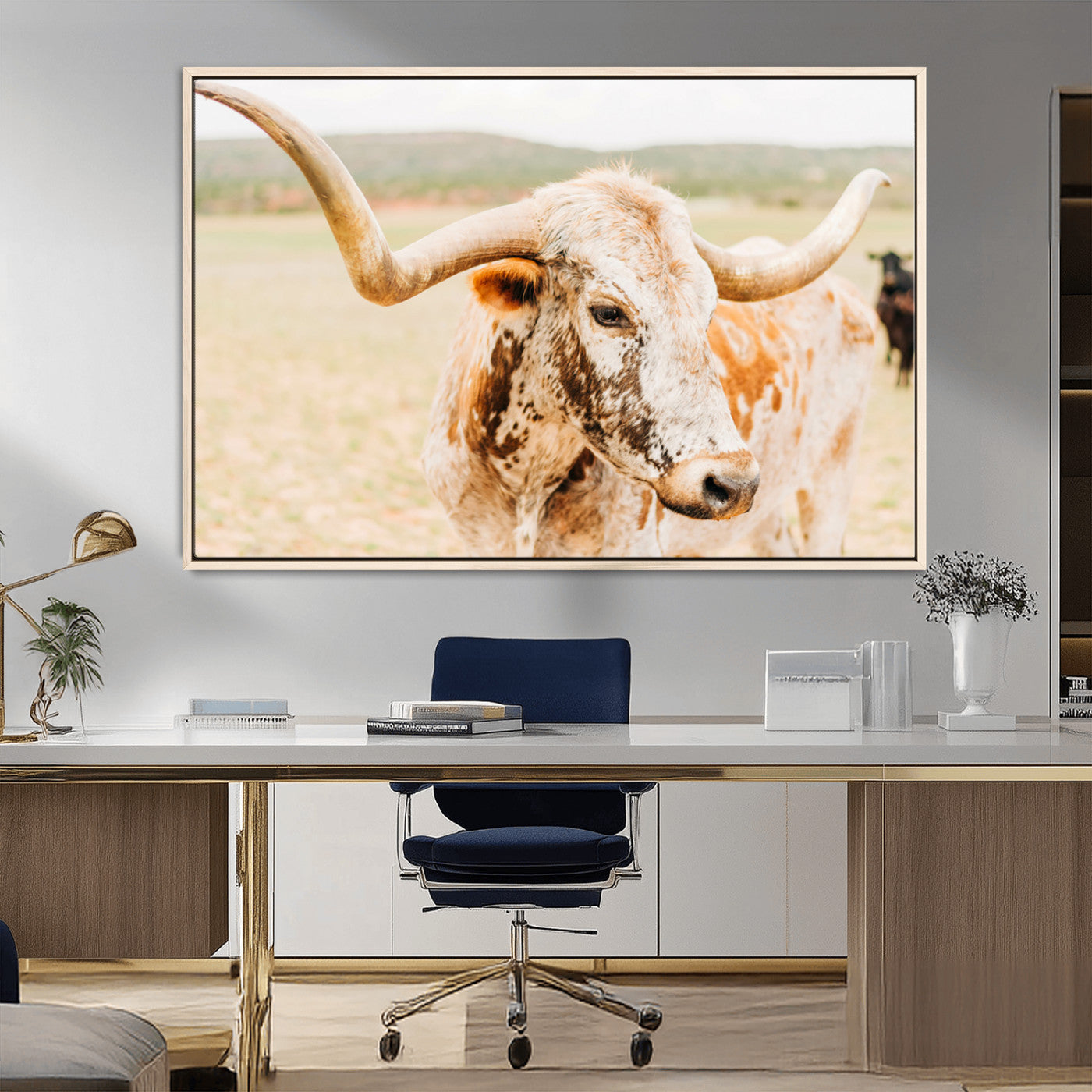 MGV-FC-36X24 - Texas Longhorn Wall Art Canvas Print, Framed Speckled Cow Art Picture Print, Rustic Bull Perfect Rustic Western Decor Artwork