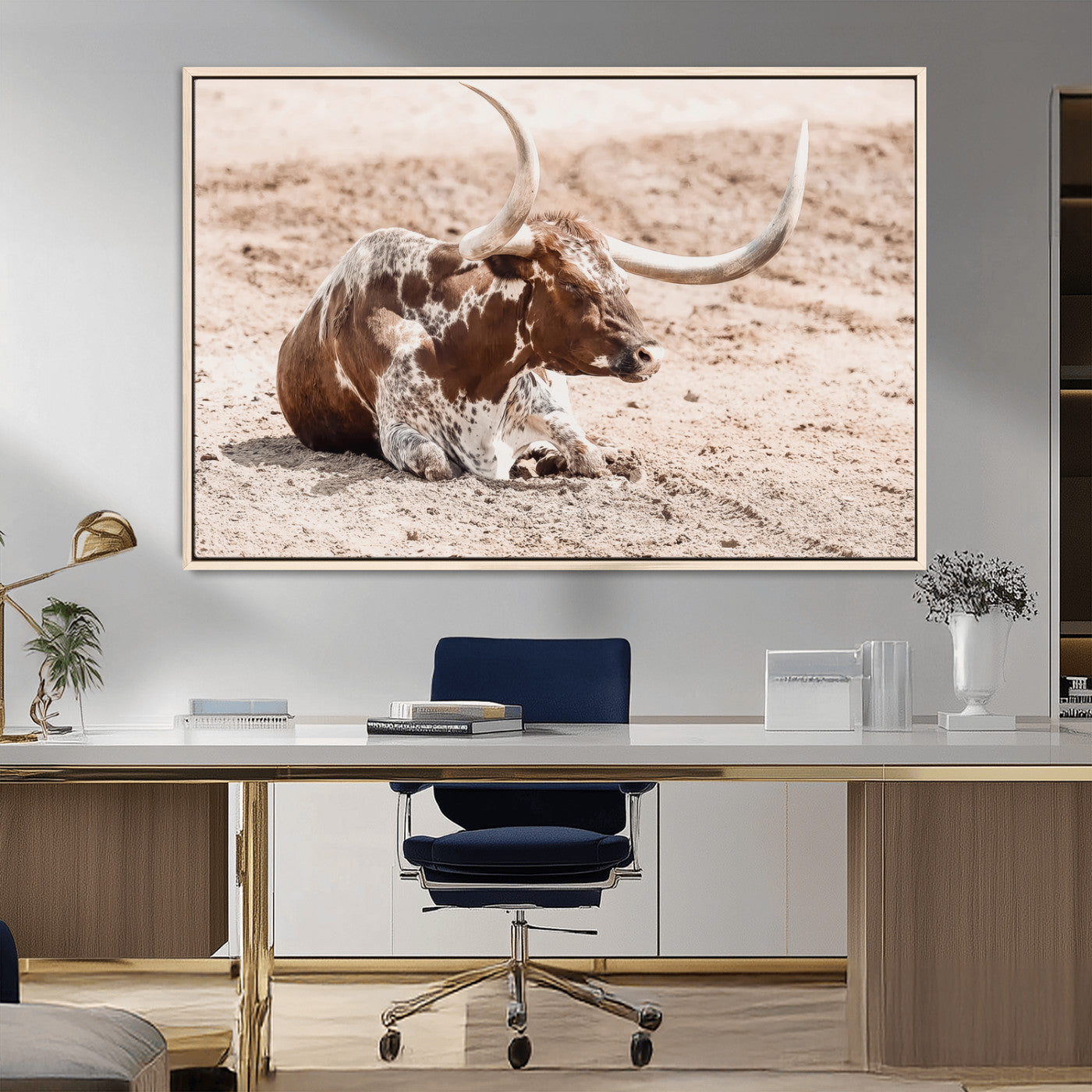 MGV-FC-36X24 - Texas Longhorn Wall Art Canvas Print, Framed Resting Bull Art Picture Print, Spotted Cattle Perfect Rustic Western Decor Artwork