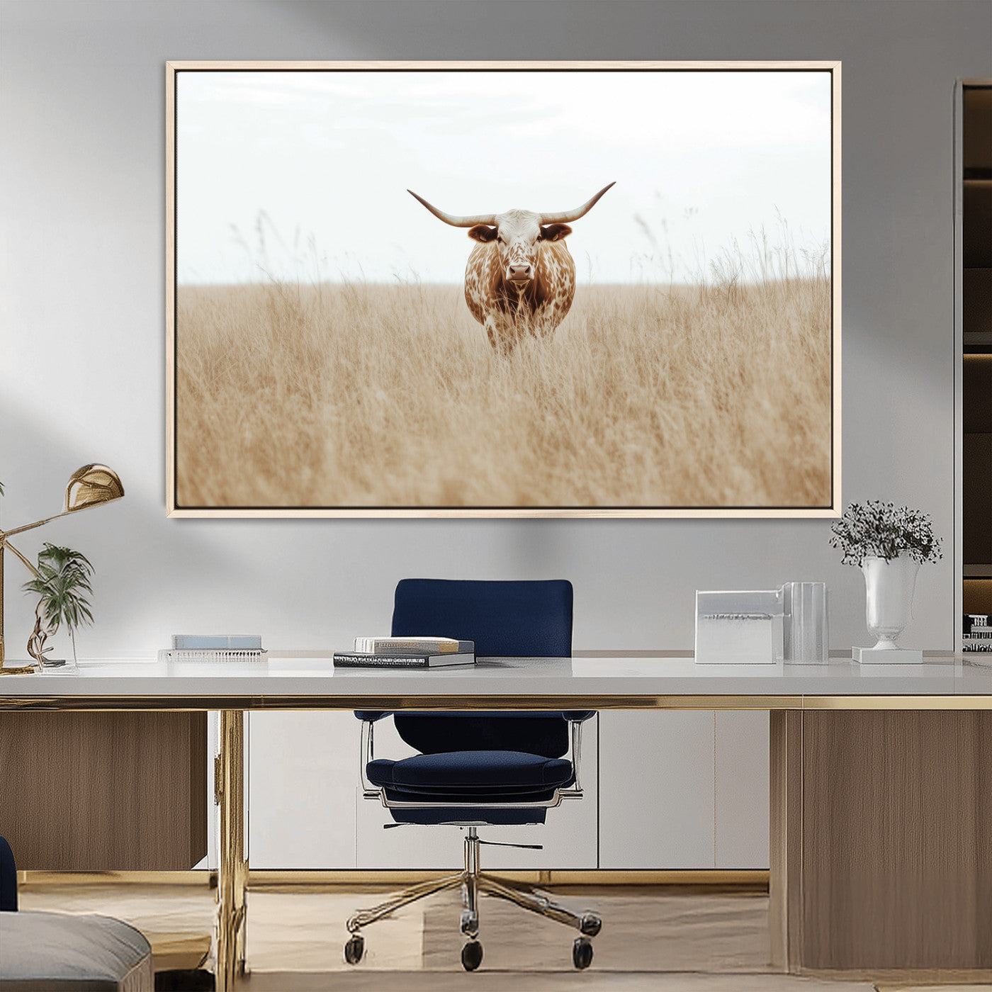 MGV-FC-36X24 - Texas Longhorn Wall Art Canvas Print, Framed Lone Cattle Art Picture Print, Longhorn Bull Perfect Rustic Western Decor Artwork