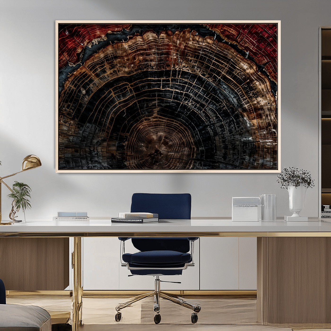 MGV-FC-36X24 - Dark Wood Ring Wall Art Canvas Print, Framed Abstract Wood Tree Art Picture Print, Rustic Tree Slice Perfect Rustic Decor Artwork