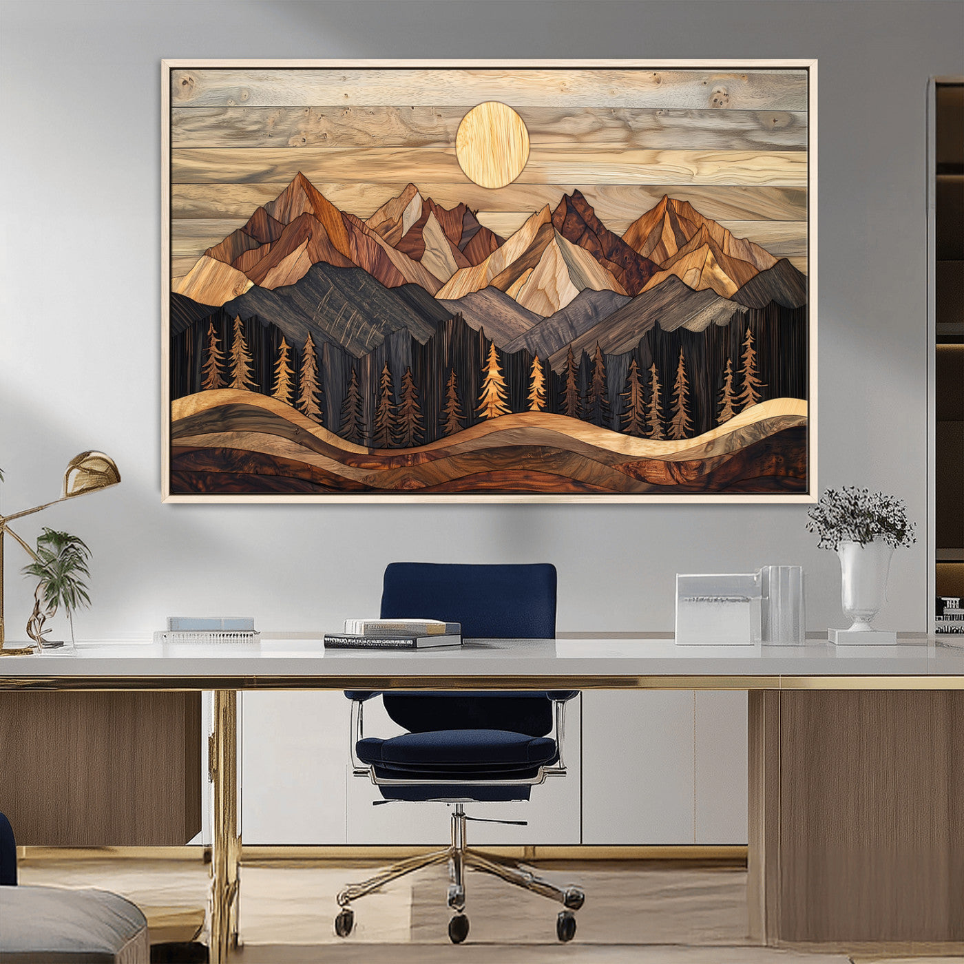 MGV-FC-36X24 - Wood Mountain Wall Art Canvas Print, Framed Boho Wood Art Picture Print, Abstract Woodland Perfect Farmhouse Decor Artwork