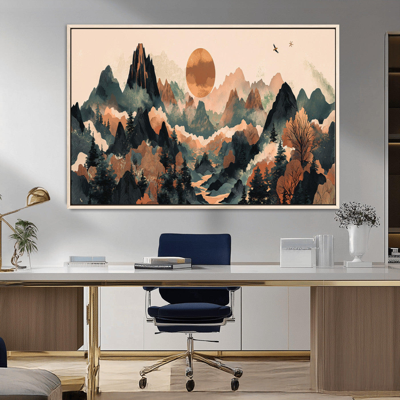 MGV-FC-36X24 - Wood Mountain Landscape Wall Art Canvas Print, Framed Sunset Hills Art Picture Print, Abstract Nature Perfect Boho Decor Artwork