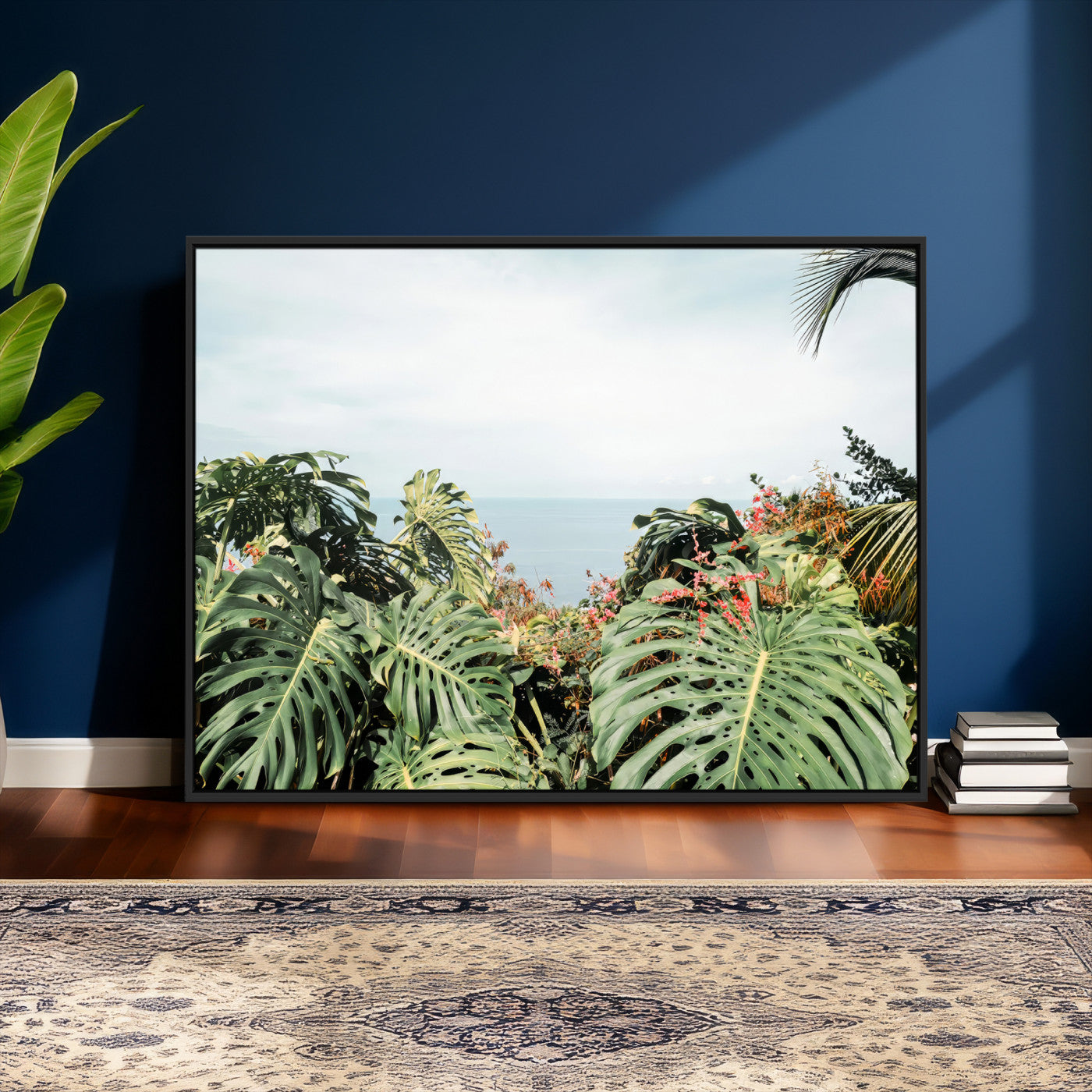 45700479-MGV-CV-36X24 - Tropical Greenery Wall Art – Exotic Leaves & Ocean View Canvas Print, Sunlit Paradise and Vibrant Nature for Living Room or Coastal Decor
