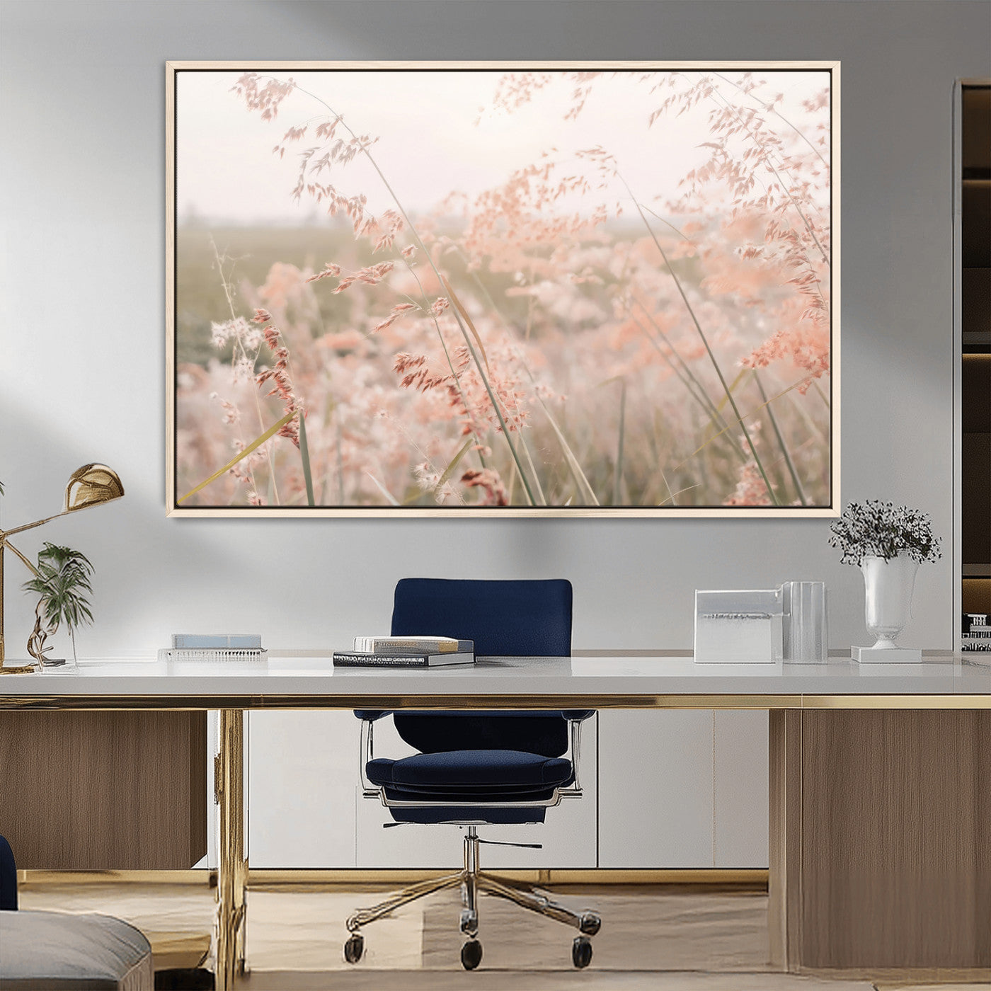 MGV-FC-36X24 - Pastel Grasses Wall Art Canvas Print, Framed Soft Meadow Art Picture Print, Field in Breeze Perfect Soft Pastel Minimal Decor Artwork