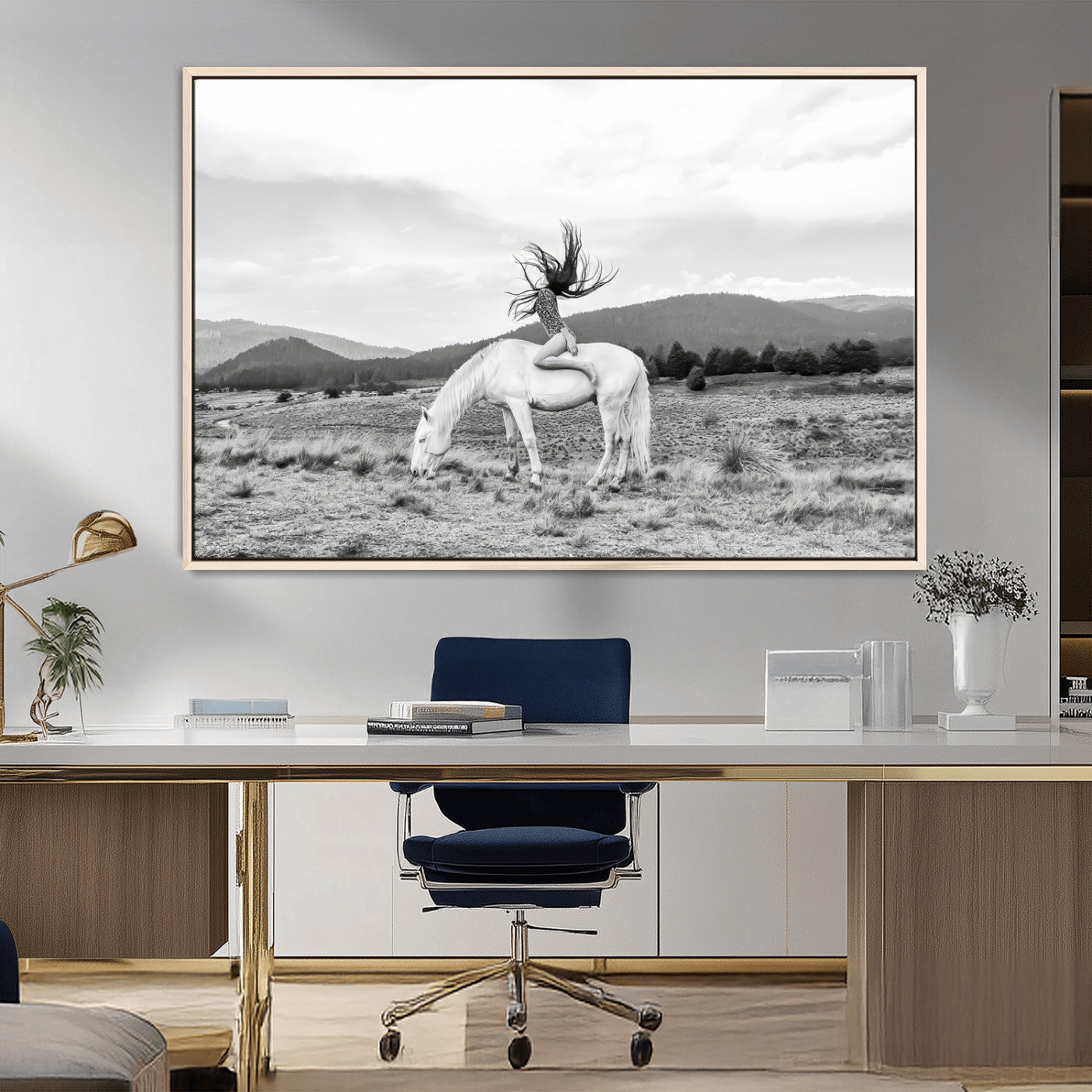 MGV-FC-36X24 - White Horse Wall Art Canvas Print, Framed Woman Rider Art Picture Print, Equestrian Pose Perfect Western Boho Decor Artwork