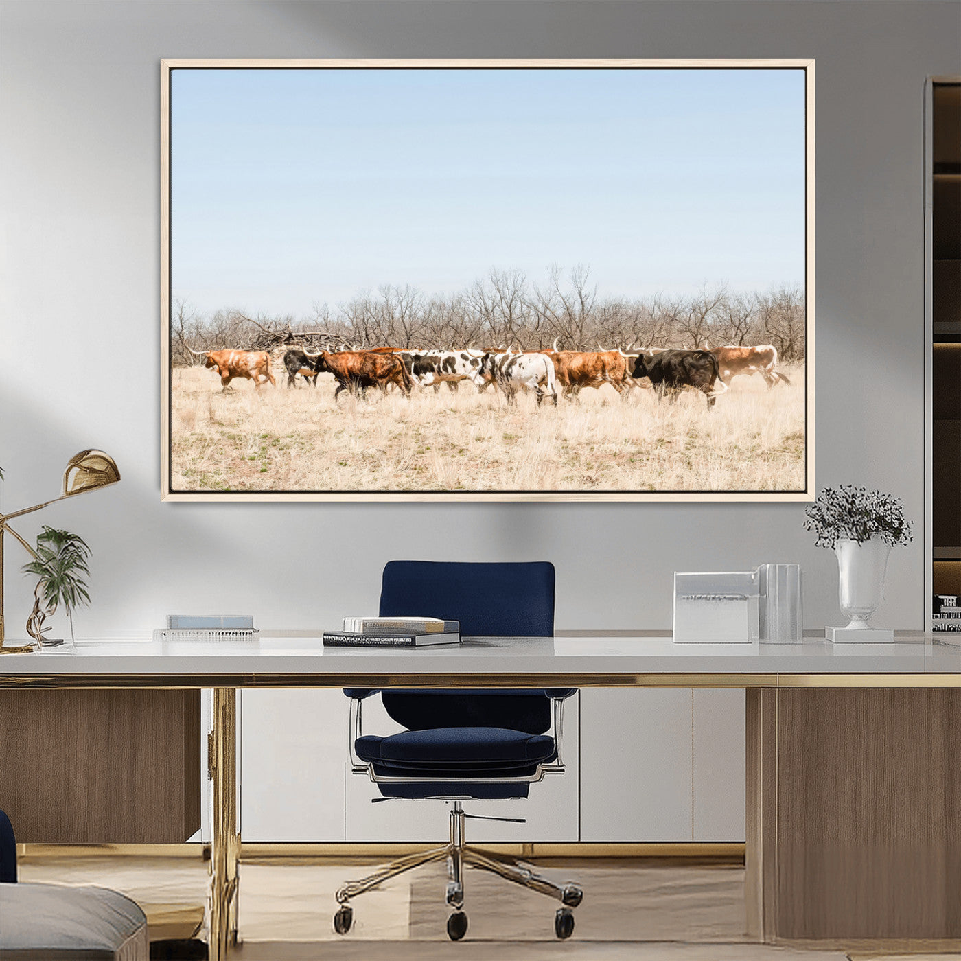 MGV-FC-36X24 - Texas Longhorns Wall Art Canvas Print, Framed Western Cattles Art Picture Print, Rustic Herd Perfect Rustic Farmhouse Decor Artwork