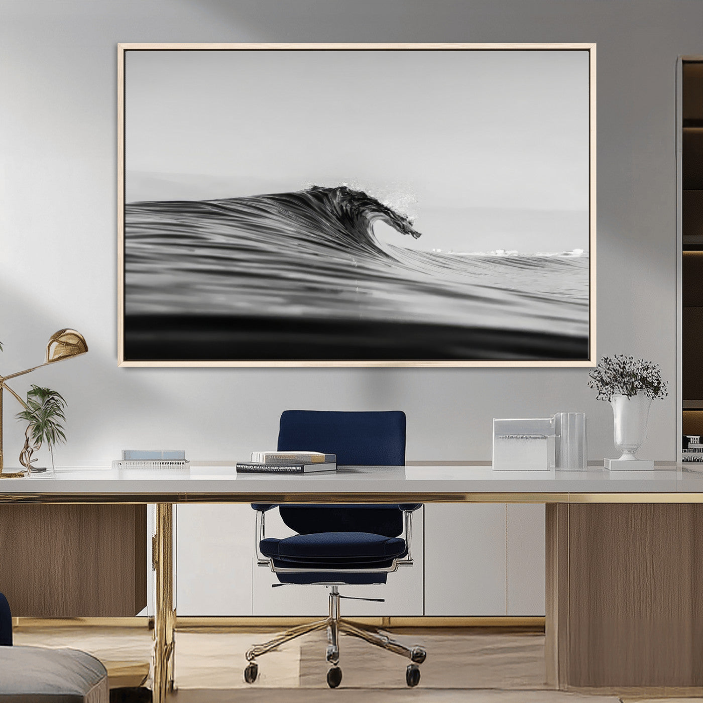 MGV-FC-36X24 - Black Wave Wall Art Canvas Print, Framed Abstract Surf Art Picture Print, Minimalist Ocean Perfect Minimalist Coastal Decor Artwork