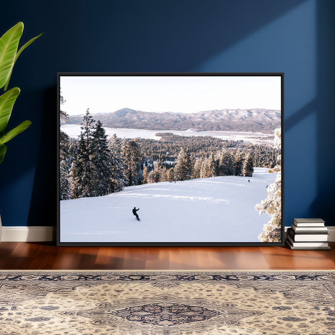 79857868-MGV-CV-36X24 - Snowboarder Wall Art – Winter Slope Canvas Print, Pine Forest, Snow-Covered Mountains, Outdoor Adventure for Living Room or Cabin Decor