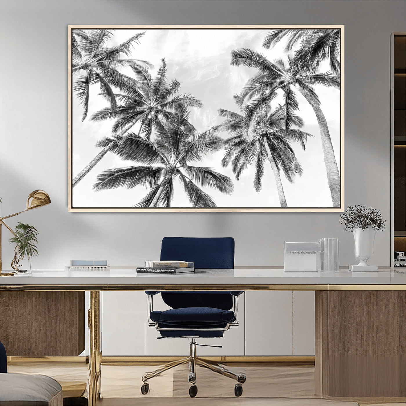 MGV-FC-36X24 - Black White Palm Wall Art Canvas Print, Framed Monochrome Tropics Art Picture Print, Minimalist Beach Perfect Coastal Minimalist Decor Artwork