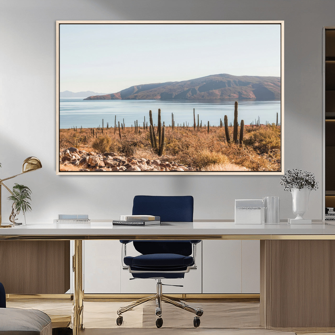 MGV-FC-36X24 - Desert Cactus Wall Art Canvas Print, Framed Baja Coastline Art Picture Print, Coastal Desert Perfect Southwestern Minimalist Decor Artwork