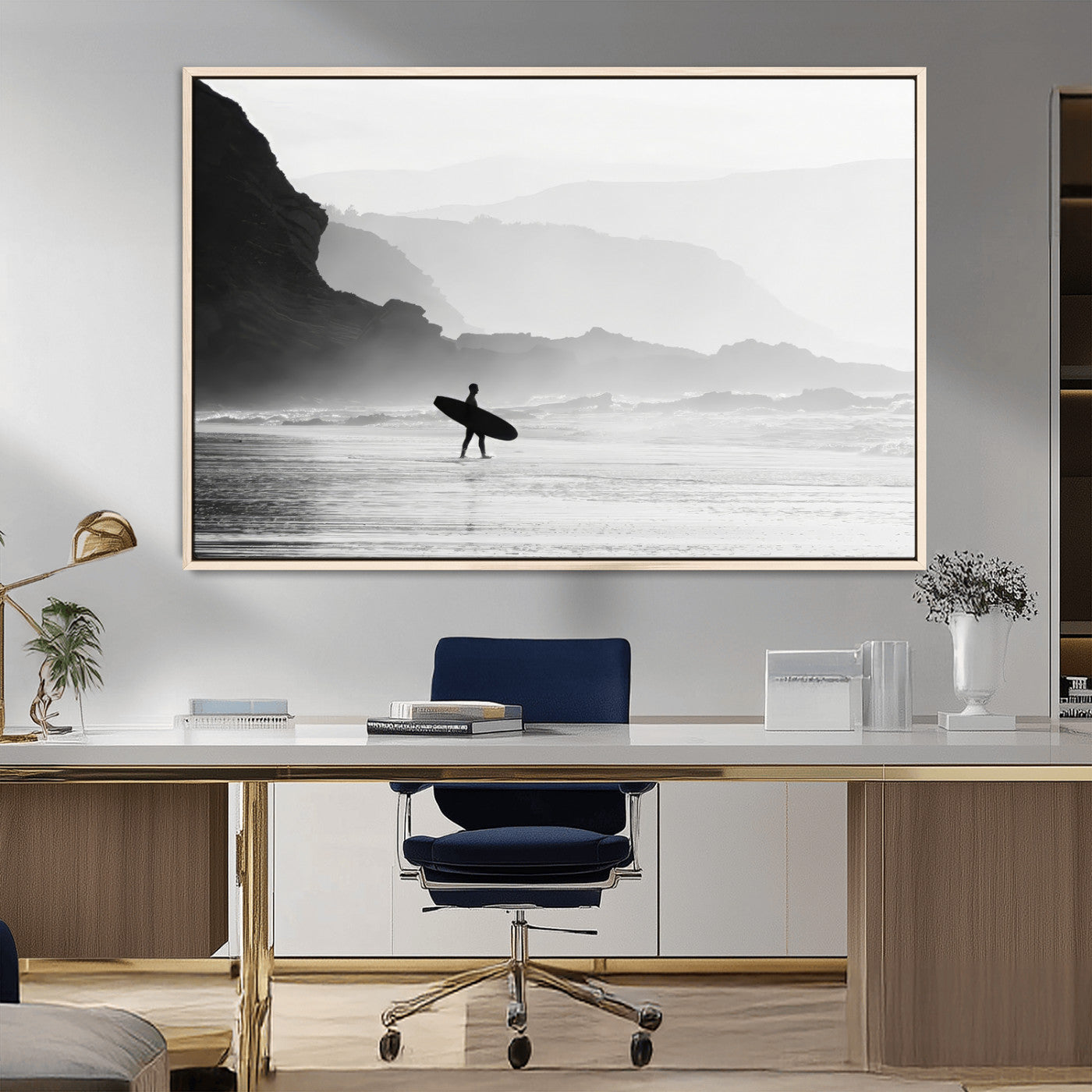 MGV-FC-36X24 - Surfer In Fog Wall Art Canvas Print, Framed Moody Shoreline Art Picture Print, Cliffside Waves Perfect Minimalist Coastal Decor Artwork