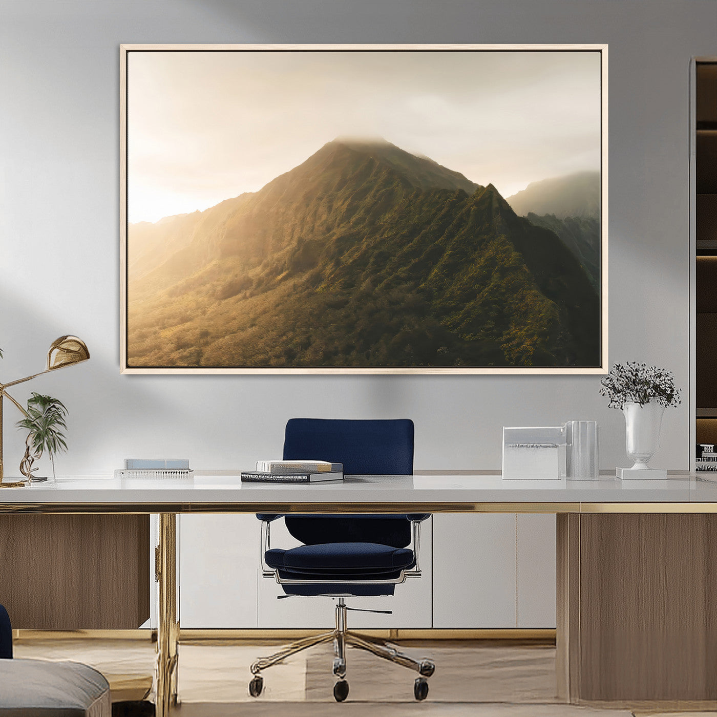 MGV-FC-36X24 - Golden Mountain Wall Art Canvas Print, Framed Misty Summit Art Picture Print, Rugged Landscape Perfect Moody Wilderness Decor Artwork