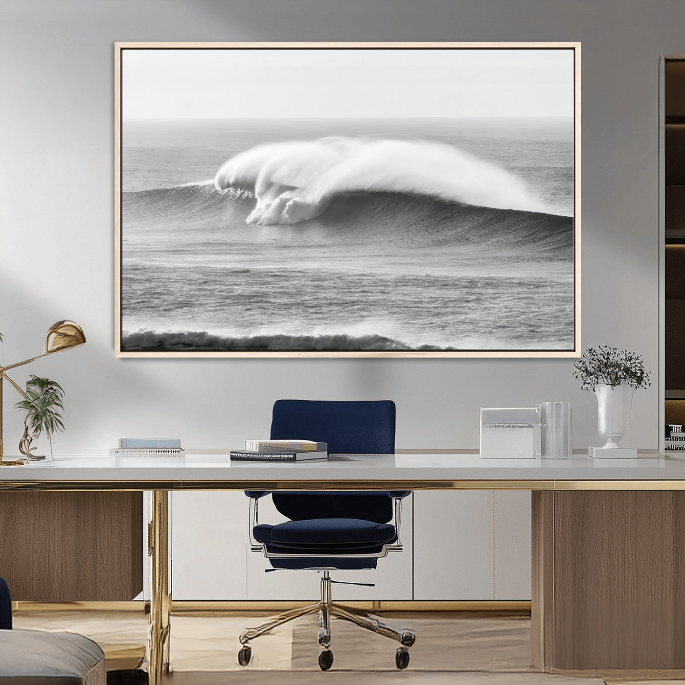 MGV-FC-36X24 - Monochrome Seascape Wall Art Canvas Print, Framed Surf Wave Art Picture Print, Minimalist Ocean Perfect Moody Coastal Decor Artwork