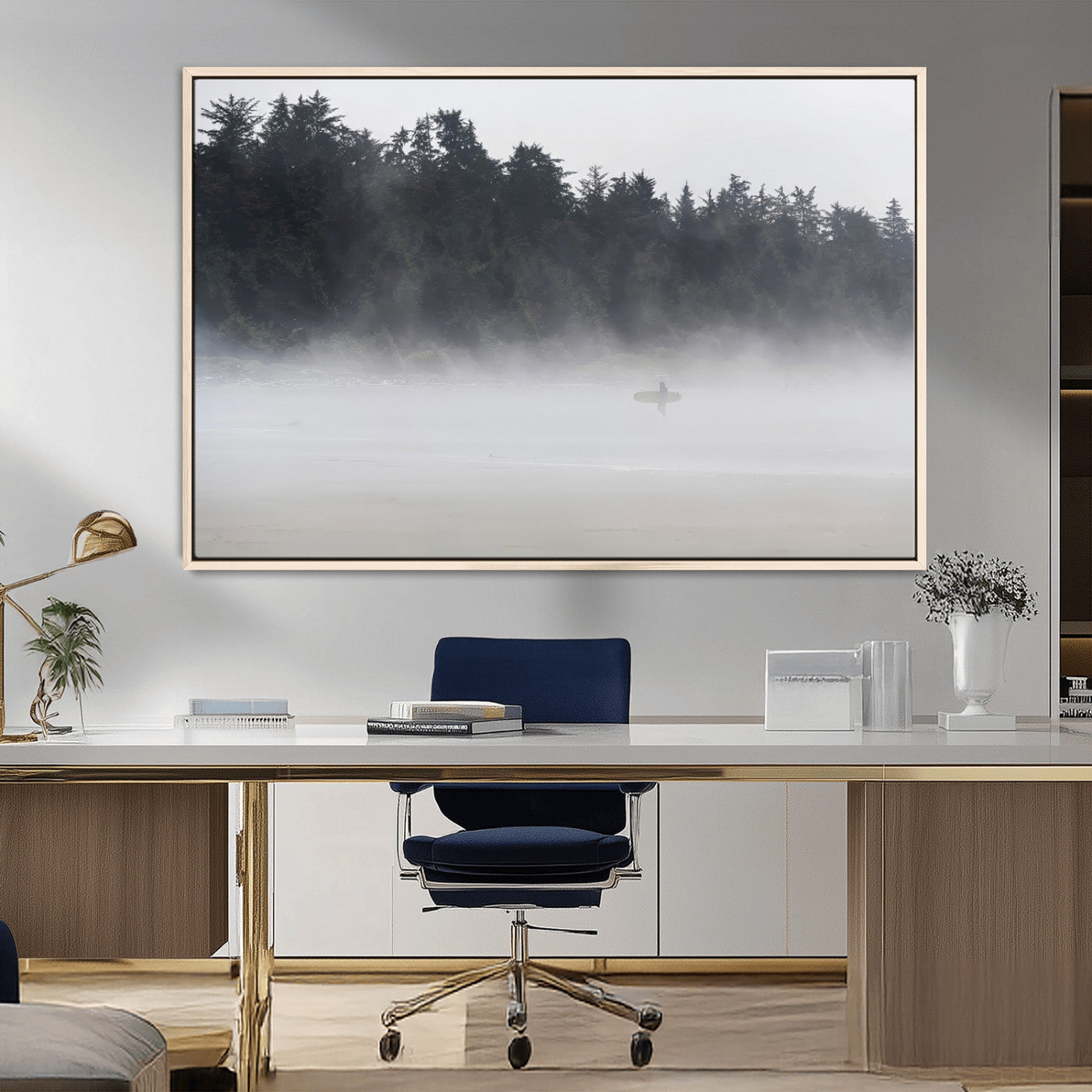 MGV-FC-36X24 - Surfer in Fog Wall Art Canvas Print, Framed Foggy Beach Art Picture Print, Coastal Surf Perfect Moody Coastal Decor Artwork