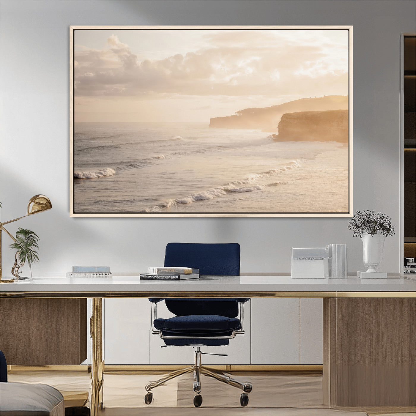 MGV-FC-36X24 - Misty Coastal Wall Art Canvas Print, Framed Golden Sunset Art Picture Print, Serene Shoreline Perfect Tranquil Coastal Decor Artwork