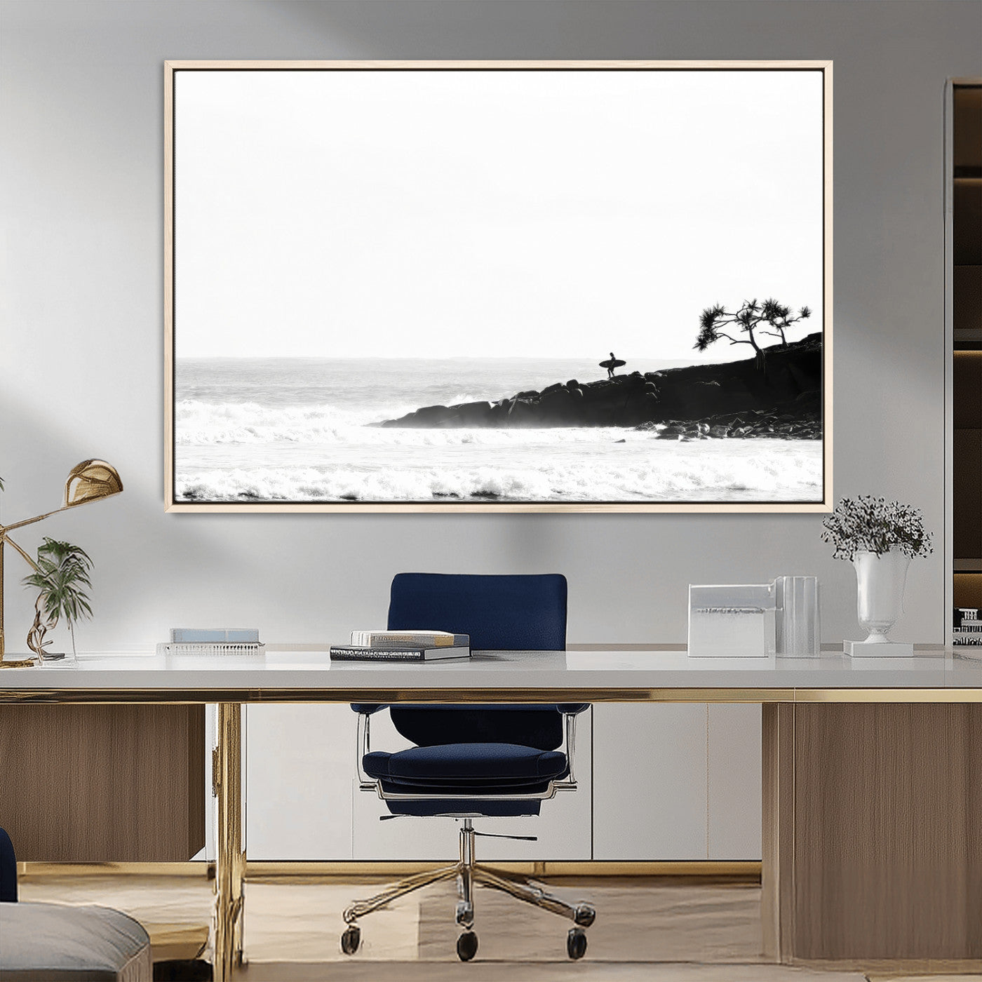 MGV-FC-36X24 - SurferCliffs Wall Art Canvas Print, Framed Black White Beach Art Picture Print, Ocean Waves Perfect Minimalist Coastal Decor Artwork