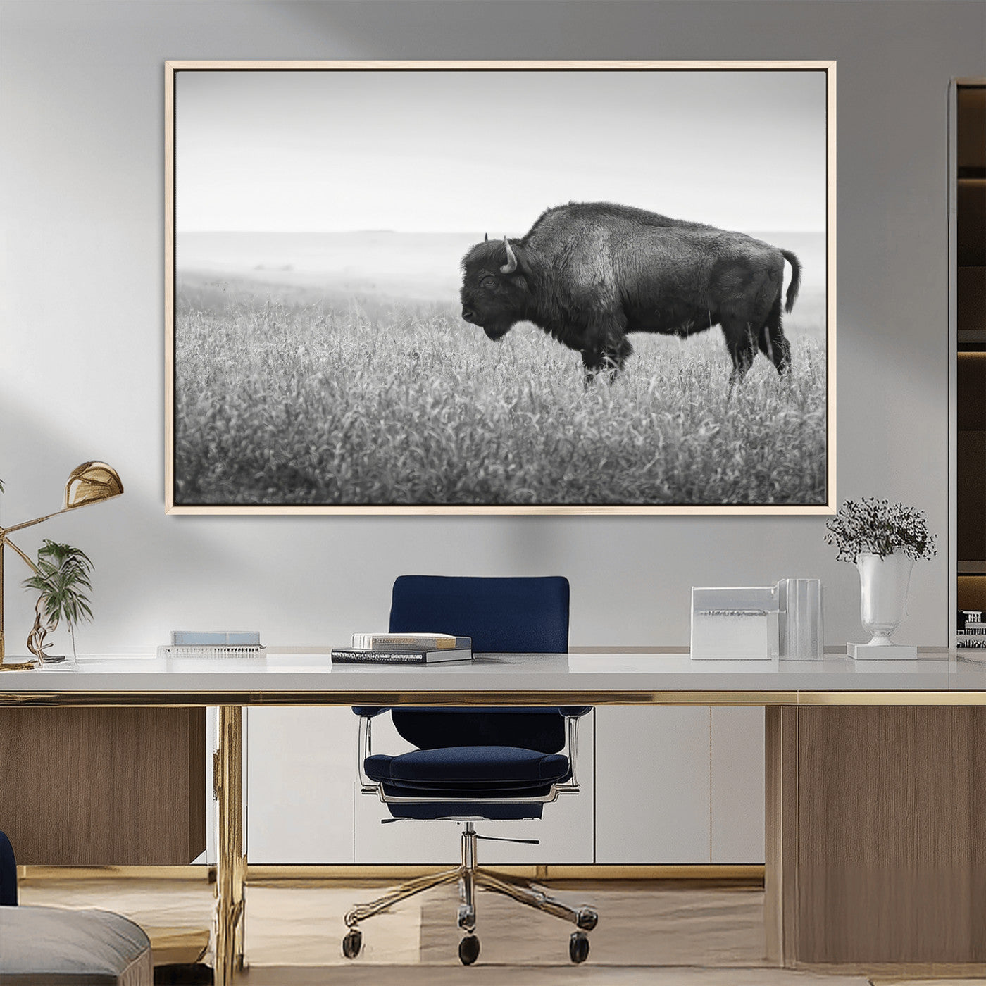 MGV-FC-36X24 - Bison In Prairie Wall Art Canvas Print, Framed Rustic Wildlife Art Picture Print, Wild Buffalo Perfect Rustic Western Decor Artwork