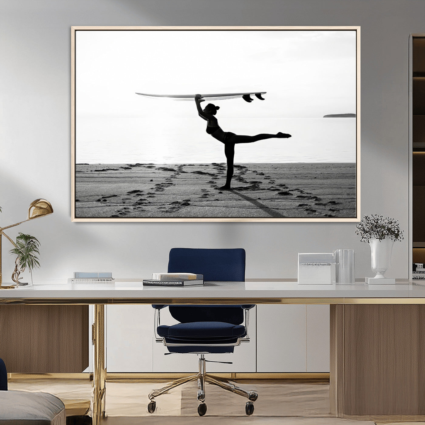 MGV-FC-36X24 - Yoga Surf Wall Art Canvas Print, Framed Black White Shore Art Picture Print, Peaceful Ocean Perfect Minimalist Coastal Decor Artwork