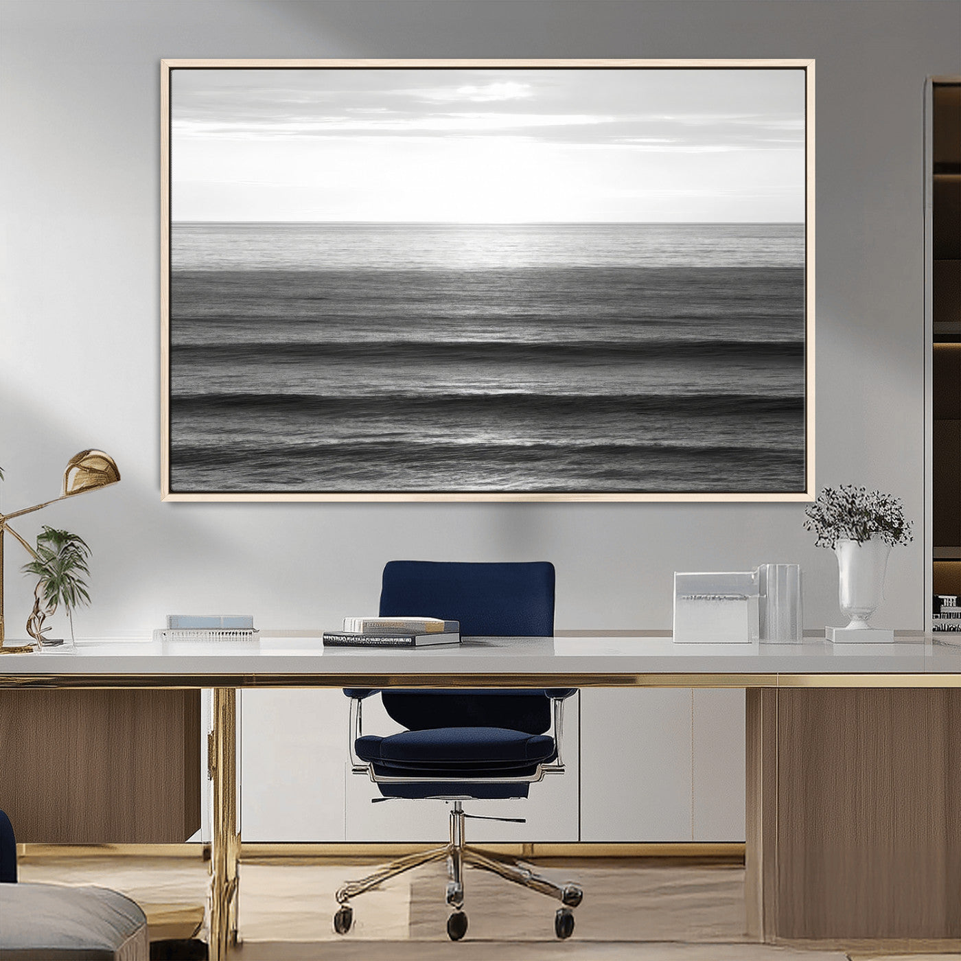 MGV-FC-36X24 - Monochrome Ocean Wall Art Canvas Print, Framed Moody Ocean Art Picture Print, Calm Ocean Perfect Minimalist Coastal Decor Artwork