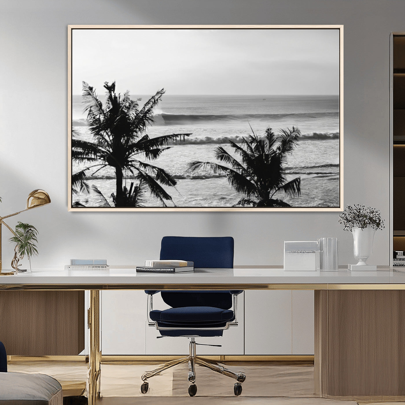 MGV-FC-36X24 - Tropical Coastline Wall Art Canvas Print, Framed Palm Trees Art Picture Print, Ocean Waves Perfect Minimalist Coastal Decor Artwork