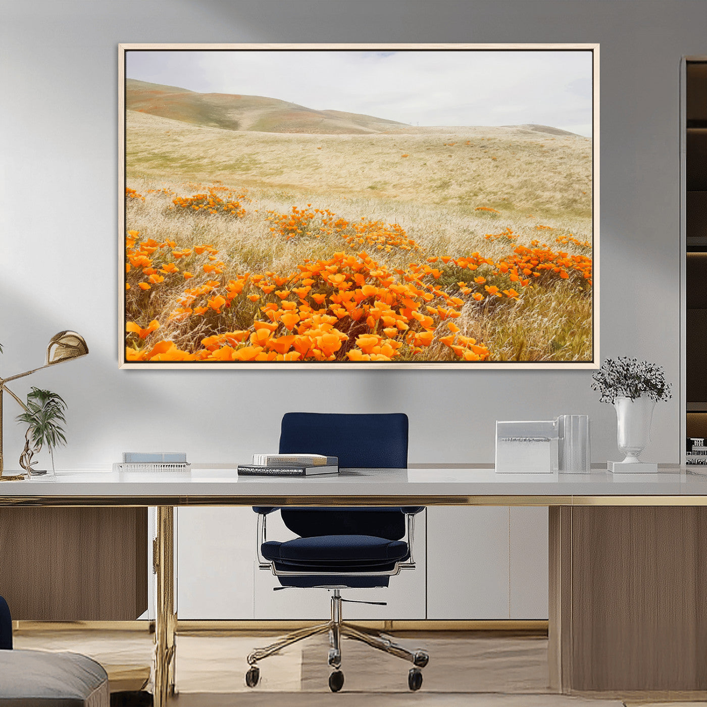 MGV-FC-36X24 - Golden Wildflowers Wall Art Canvas Print, Framed Hills Bloom Art Picture Print, Poppy Meadow Perfect Rustic Nature Decor Artwork