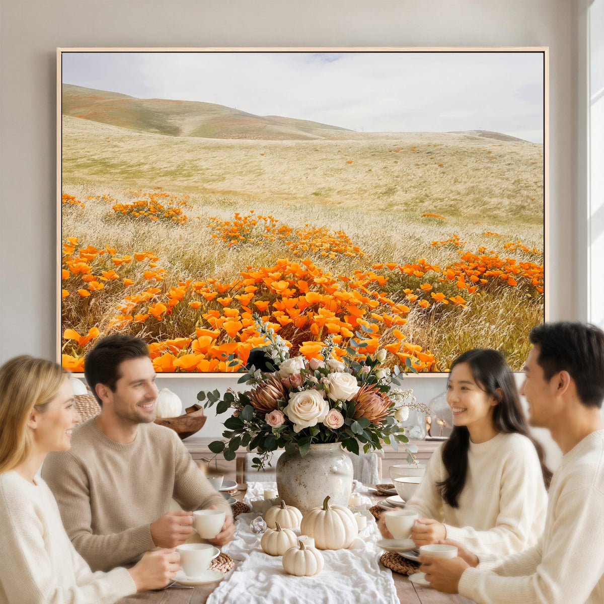 28972262-_Poster-30x20 - Golden Wildflowers Wall Art Canvas Print, Framed Hills and Poppy Meadow Scene