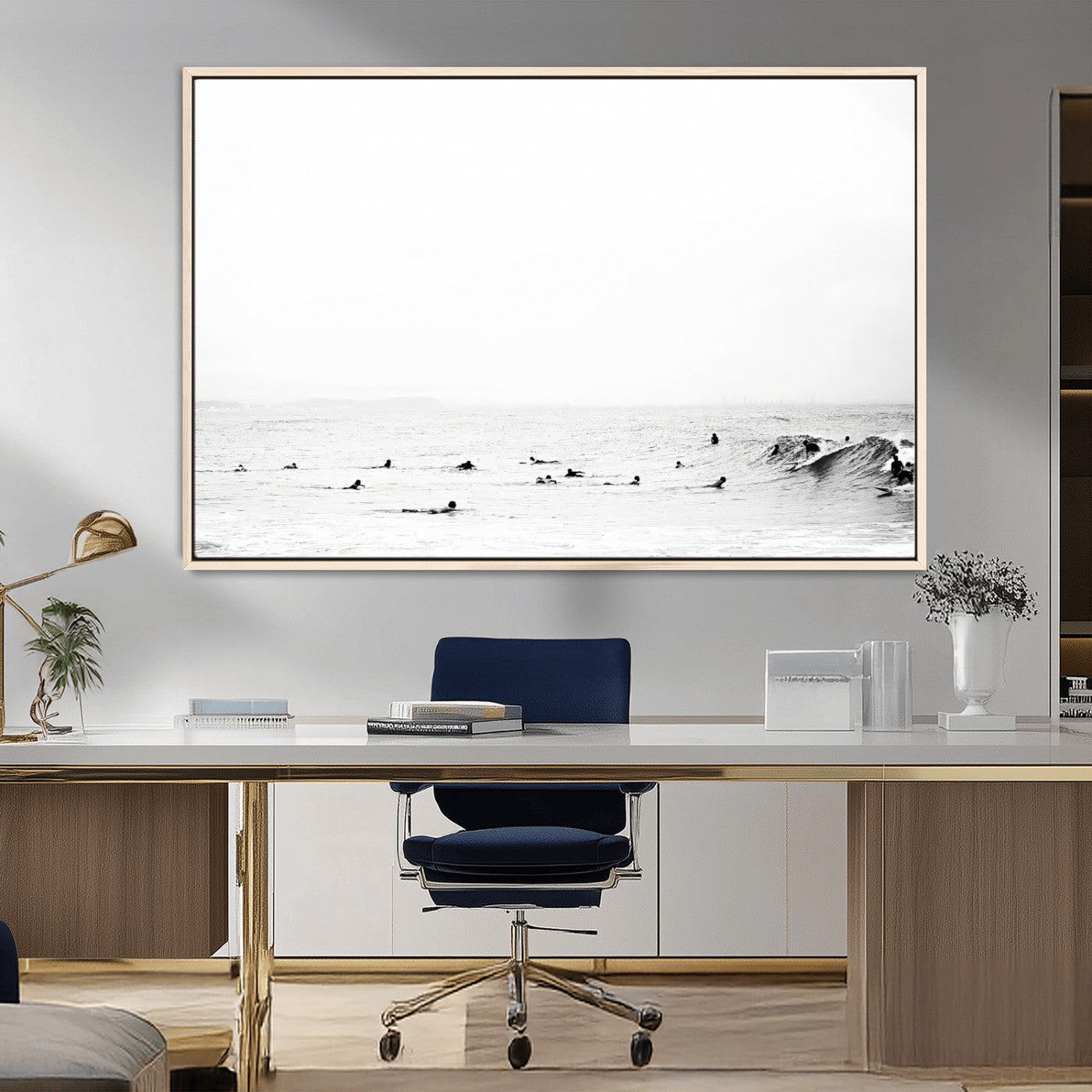 MGV-FC-36X24 - Monochrome Swimming Wall Art Canvas Print, Framed Ocean Horizon Art Picture Print, Moody Coastal Perfect Minimalist Coastal Decor Artwork