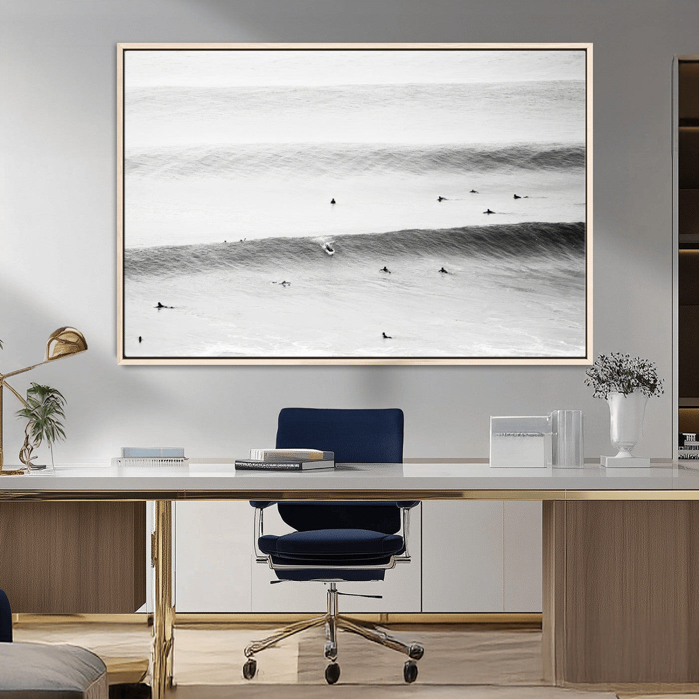 MGV-FC-36X24 - Black White Ocean Wall Art Canvas Print, Framed Coastal Sport Art Picture Print, Ocean Culture Perfect Minimalist Coastal Decor Artwork