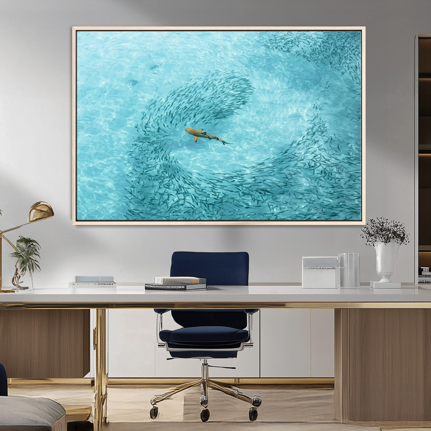 MGV-FC-36X24 - Fish Swarm Wall Art Canvas Print, Framed Marine Life Art Picture Print, Shark Aerial Perfect Wildlife Coastal Decor Artwork