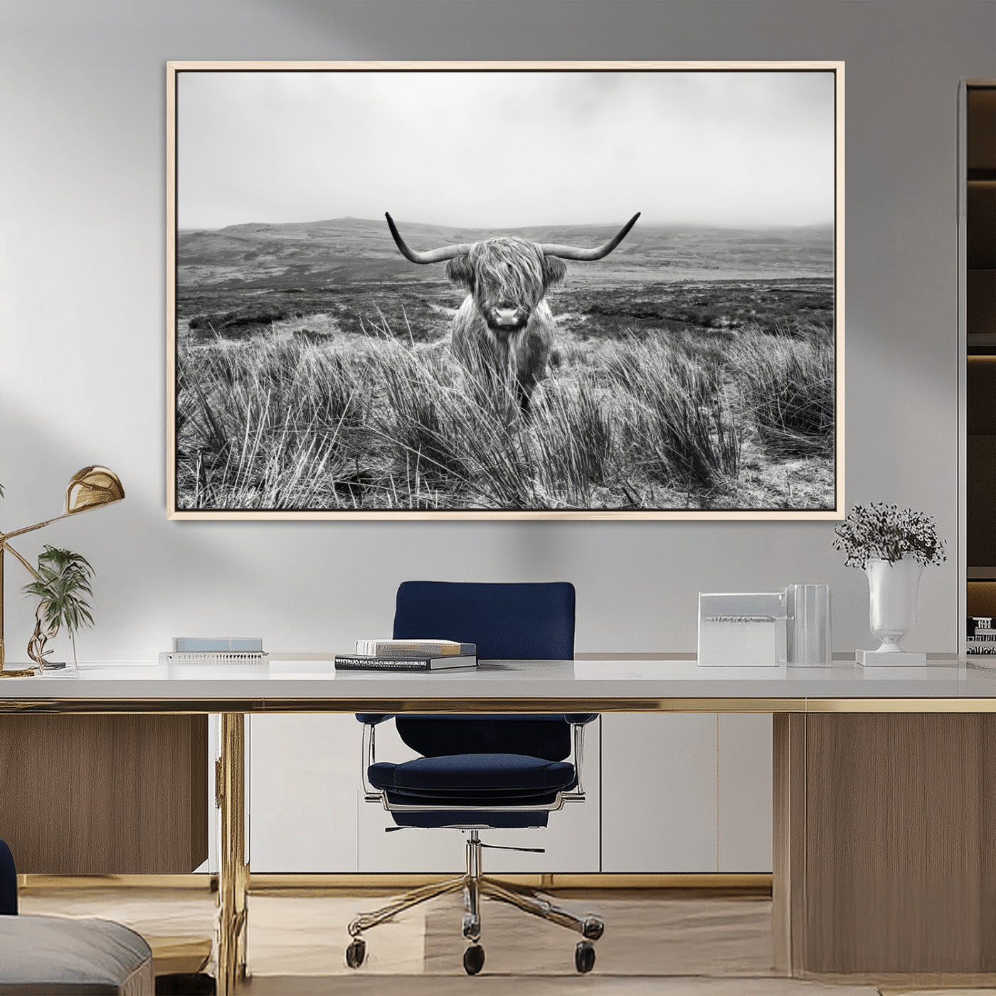 MGV-FC-36X24 - Monochrome Highland Cow Wall Art Canvas Print, Framed Scottish Bull Art Picture Print, Lone Cattle Perfect Rustic Farmhouse Decor Artwork