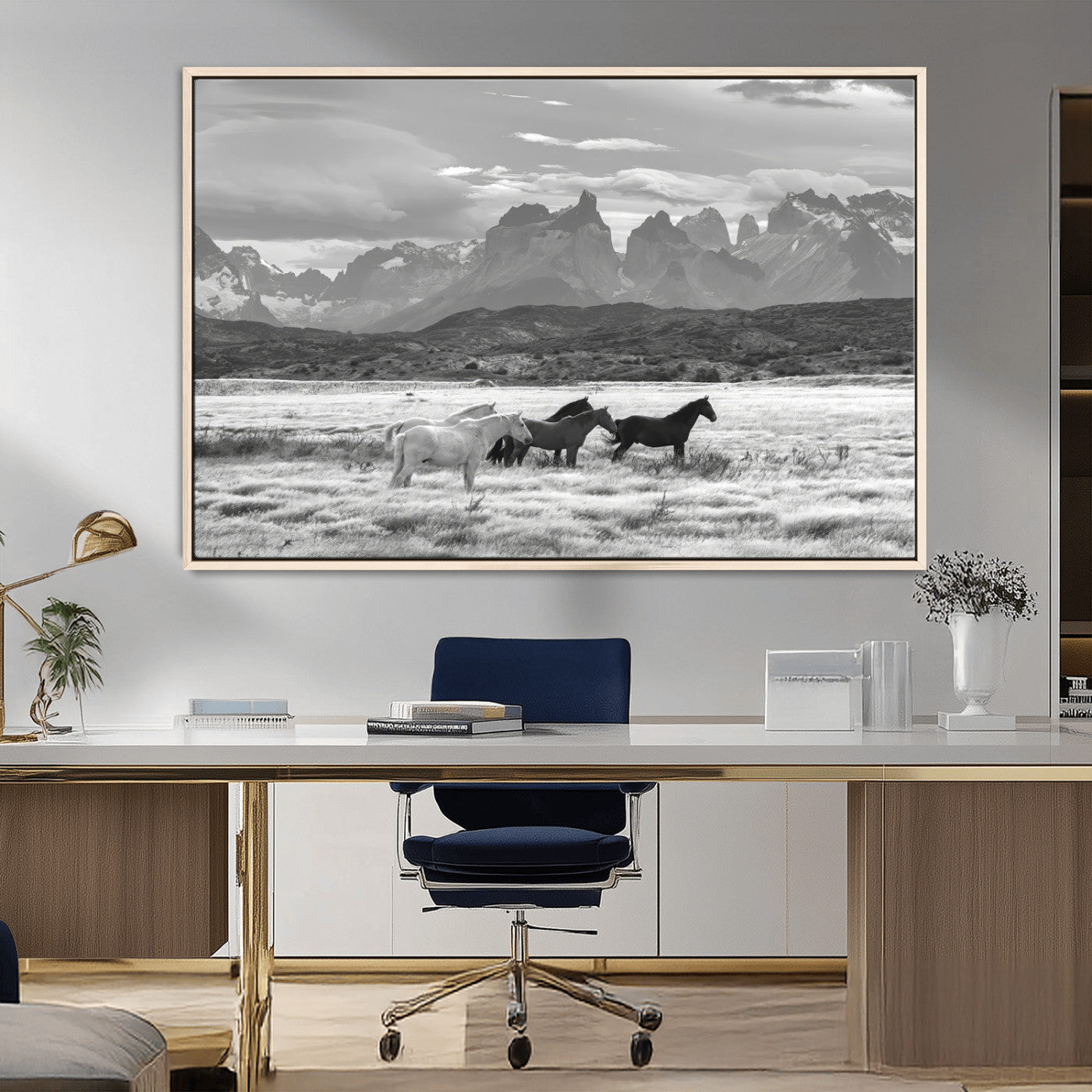 MGV-FC-36X24 - Wild Horses Wall Art Canvas Print, Framed Black White Mountains Art Picture Print, Rustic Countryside Perfect Rustic Western Decor Artwork