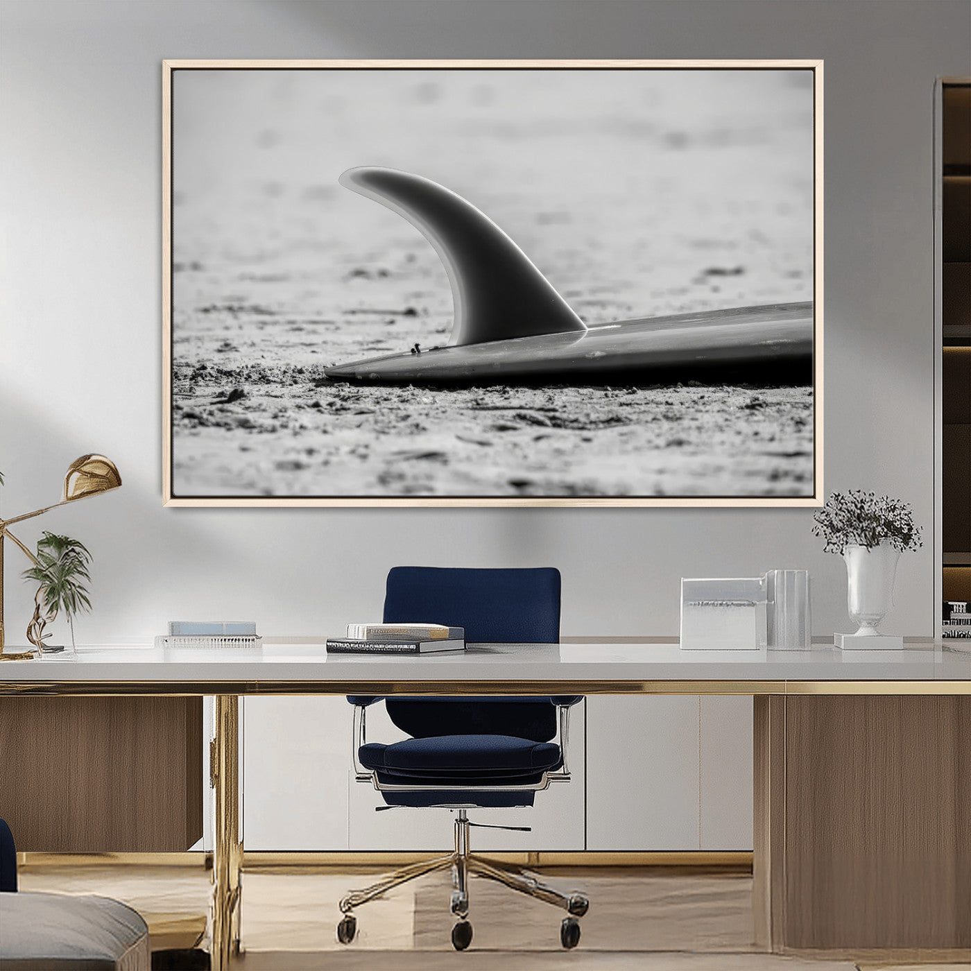 MGV-FC-36X24 - Black White Surfboard Wall Art Canvas Print, Framed Minimalist Beach Art Picture Print, Surf Fin Perfect Minimalist Coastal Decor Artwork