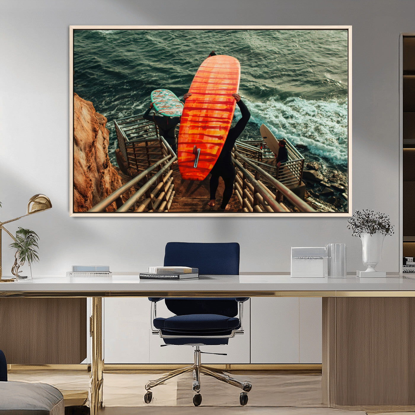 MGV-FC-36X24 - Surfer Stairway Wall Art Canvas Print, Framed Ocean Surf Art Picture Print, Sunset Coastal Perfect Coastal Adventure Decor Artwork