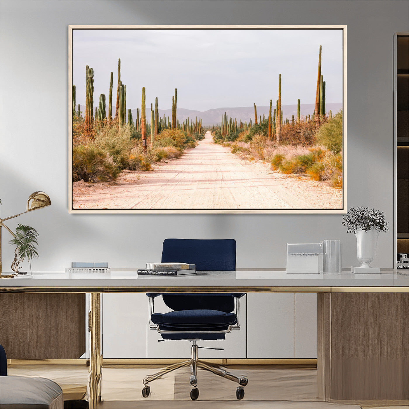 MGV-FC-36X24 - Desert Cactus Lined Road Wall Art Canvas Print, Framed Southwestern Landscape Art Picture Print, Bohemian Western Aesthetic Perfect Southwestern Boho Decor Artwork