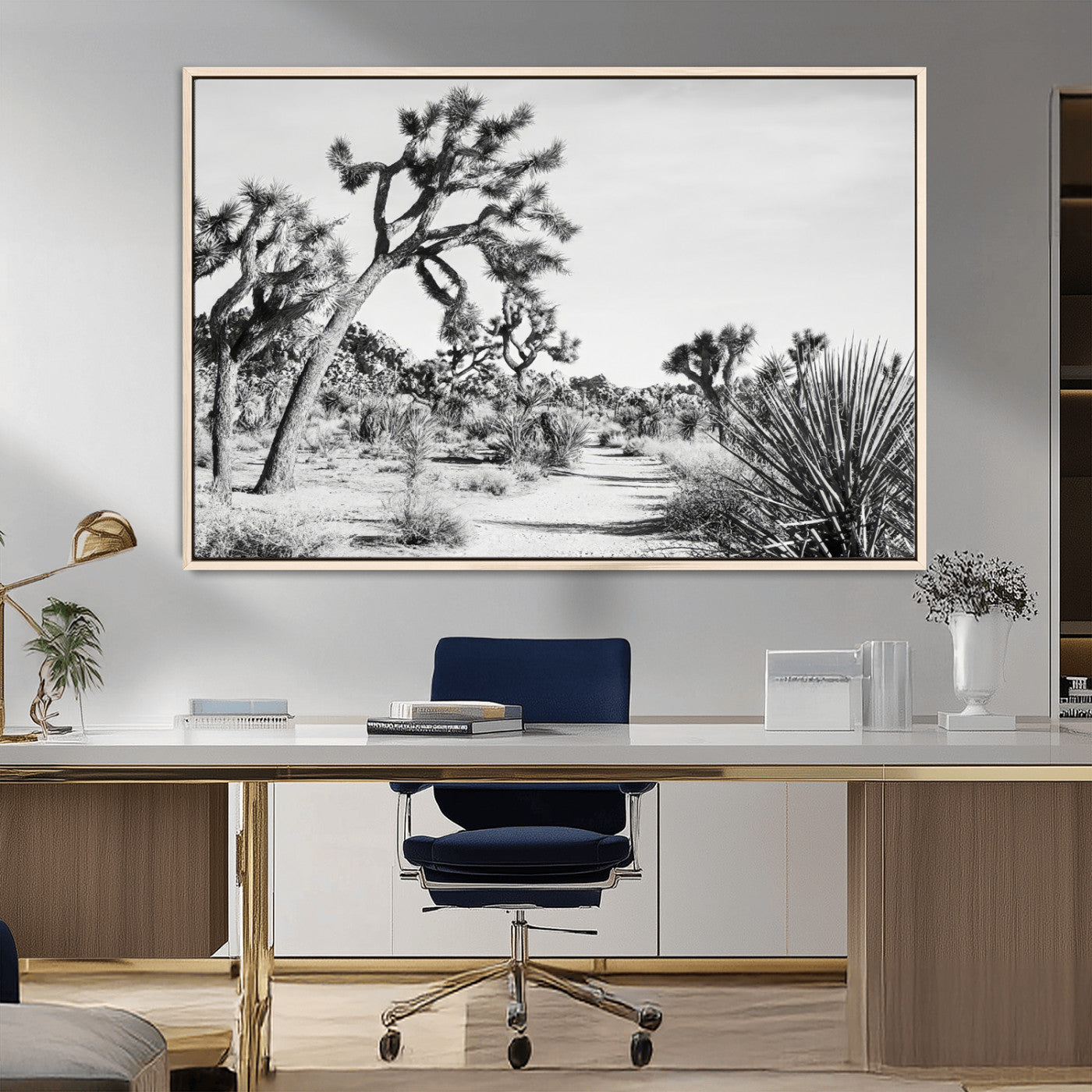 MGV-FC-36X24 - Joshua Tree Wall Art Canvas Print, Framed Desert Path Art Picture Print, Monochrome Desert Perfect Minimalist Desert Decor Artwork