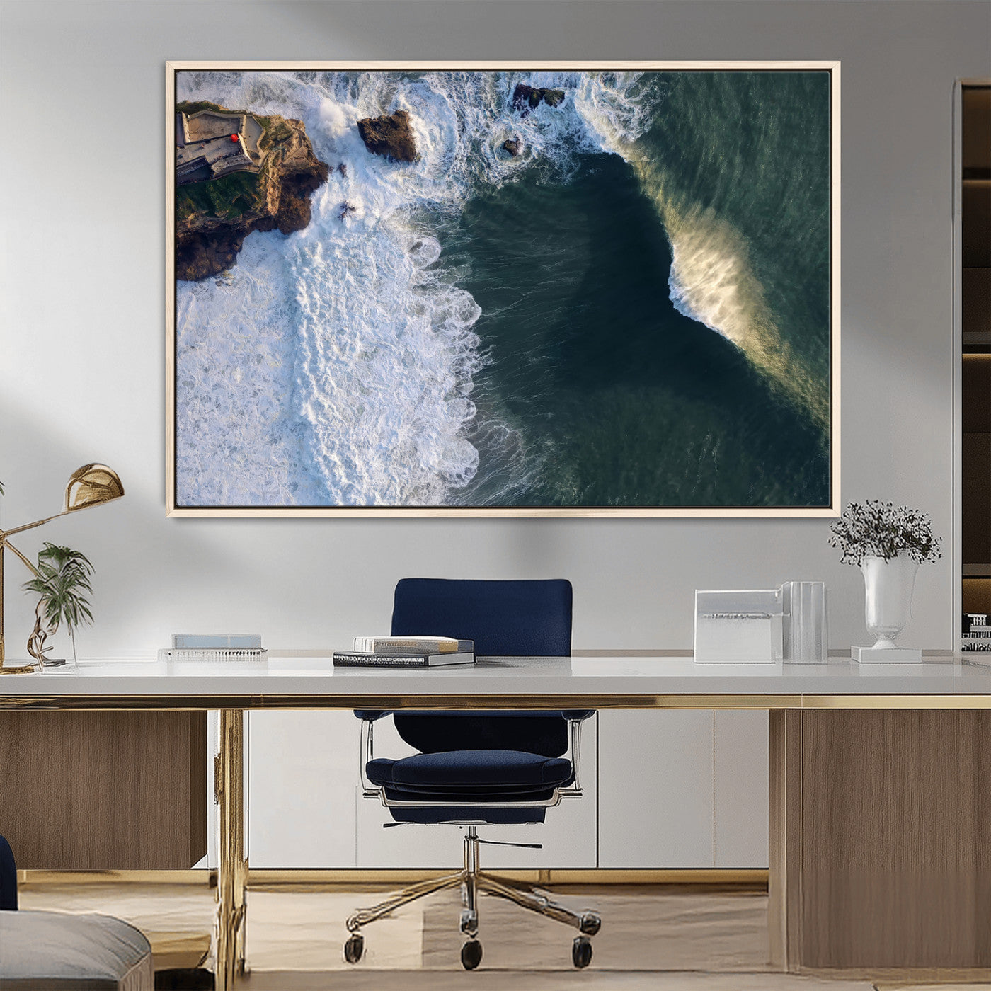MGV-FC-36X24 - Nazaré Coast Wall Art Canvas Print, Framed Aerial Ocean Art Picture Print, Coastal Fortress Perfect Dramatic Coastal Decor Artwork