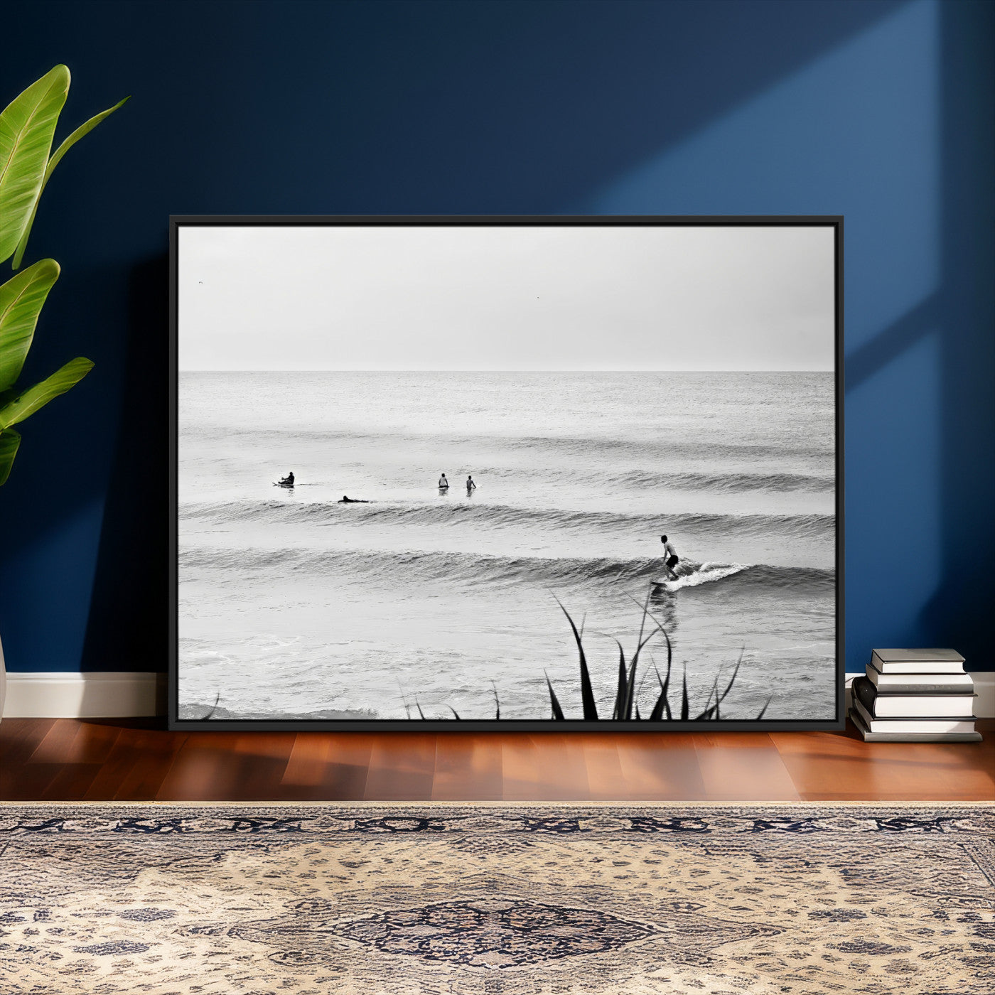 33821421-MGV-CV-36X24 - Surfer Silhouette Wall Art Canvas Print, Framed Calm Ocean Art Picture Print, Monochrome Surf Minimalist Coastal Decor Artwor