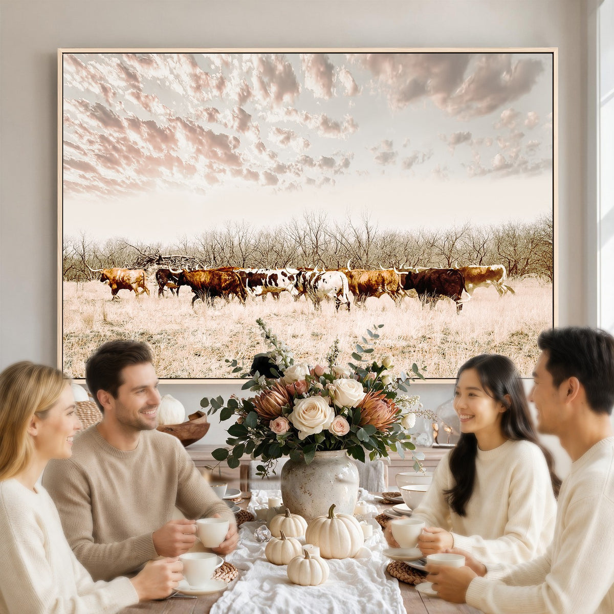 64892775-MGV-CV-24X16 - Longhorn Cattle Wall Art Canvas Print, Framed Texas Ranch Art, Western Cow Print, Prairie Landscape Decor