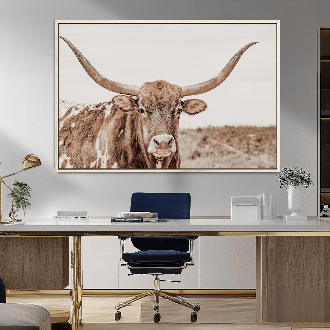 MGV-FC-36X24 - Longhorn Cow Wall Art Canvas Print, Framed Texas Ranch Art Picture Print, Western Bull Perfect County Decor Artwork