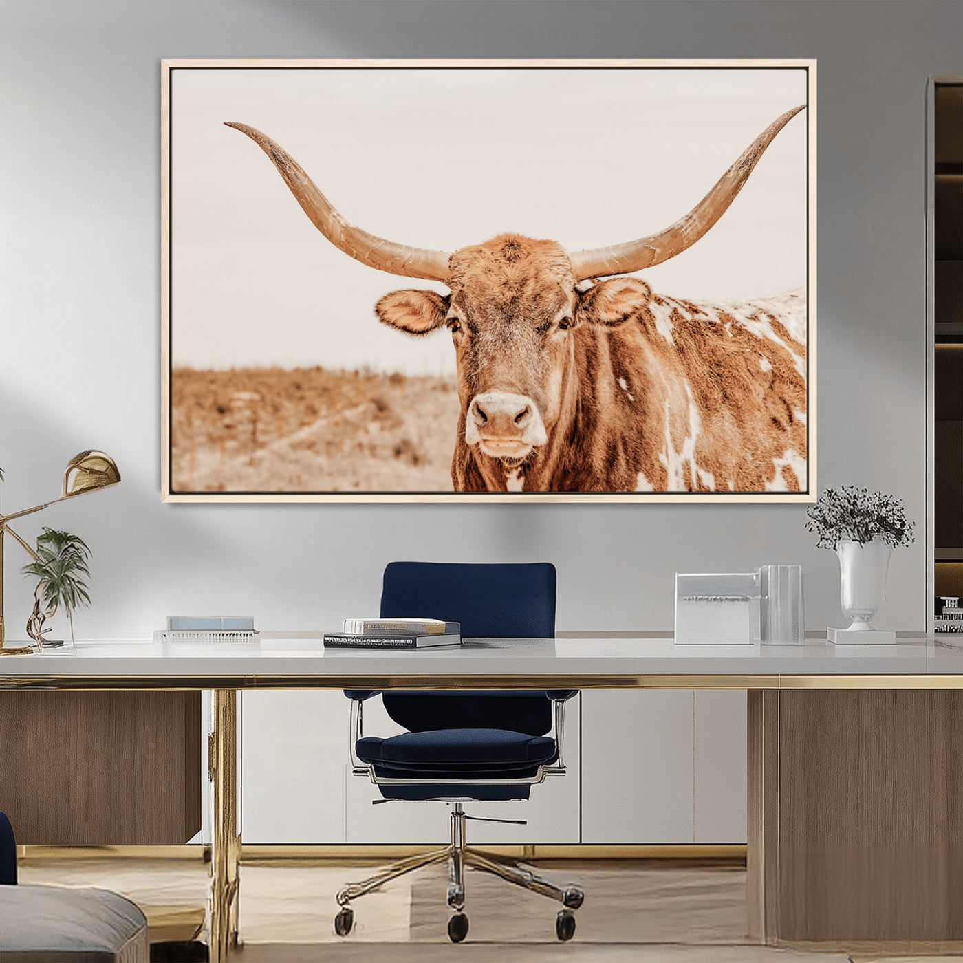 MGV-FC-36X24 - Longhorn Bull Wall Art Canvas Print, Framed Western Cow Art Picture Print, Rustic Farmhouse Perfect Neutral Farmhouse Decor Artwork
