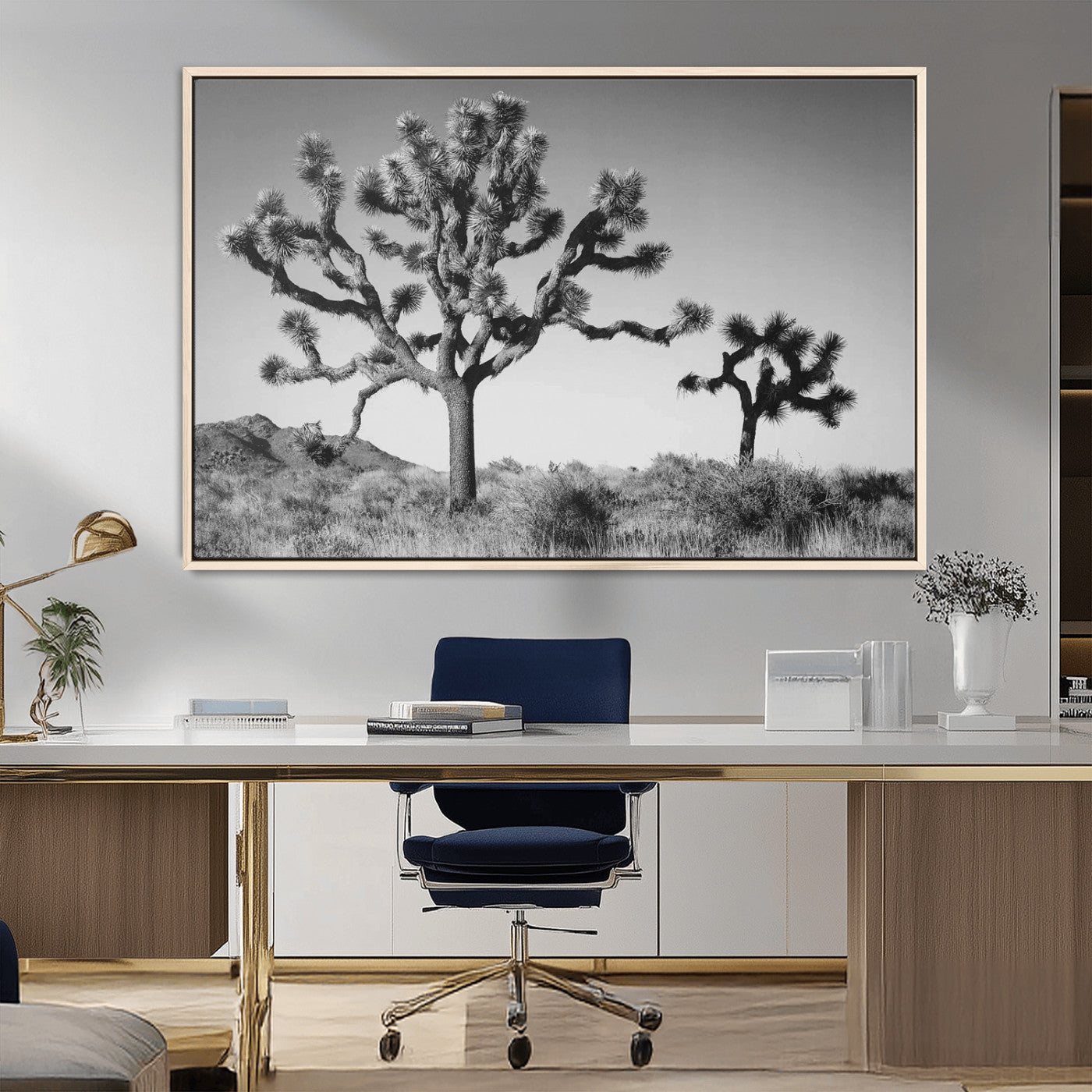 MGV-FC-36X24 - Joshua Tree Wall Art Canvas Print, Framed Monochrome Desert Art Picture Print, Minimalist Nature Scene Perfect Southwestern Minimalist Decor Artwork