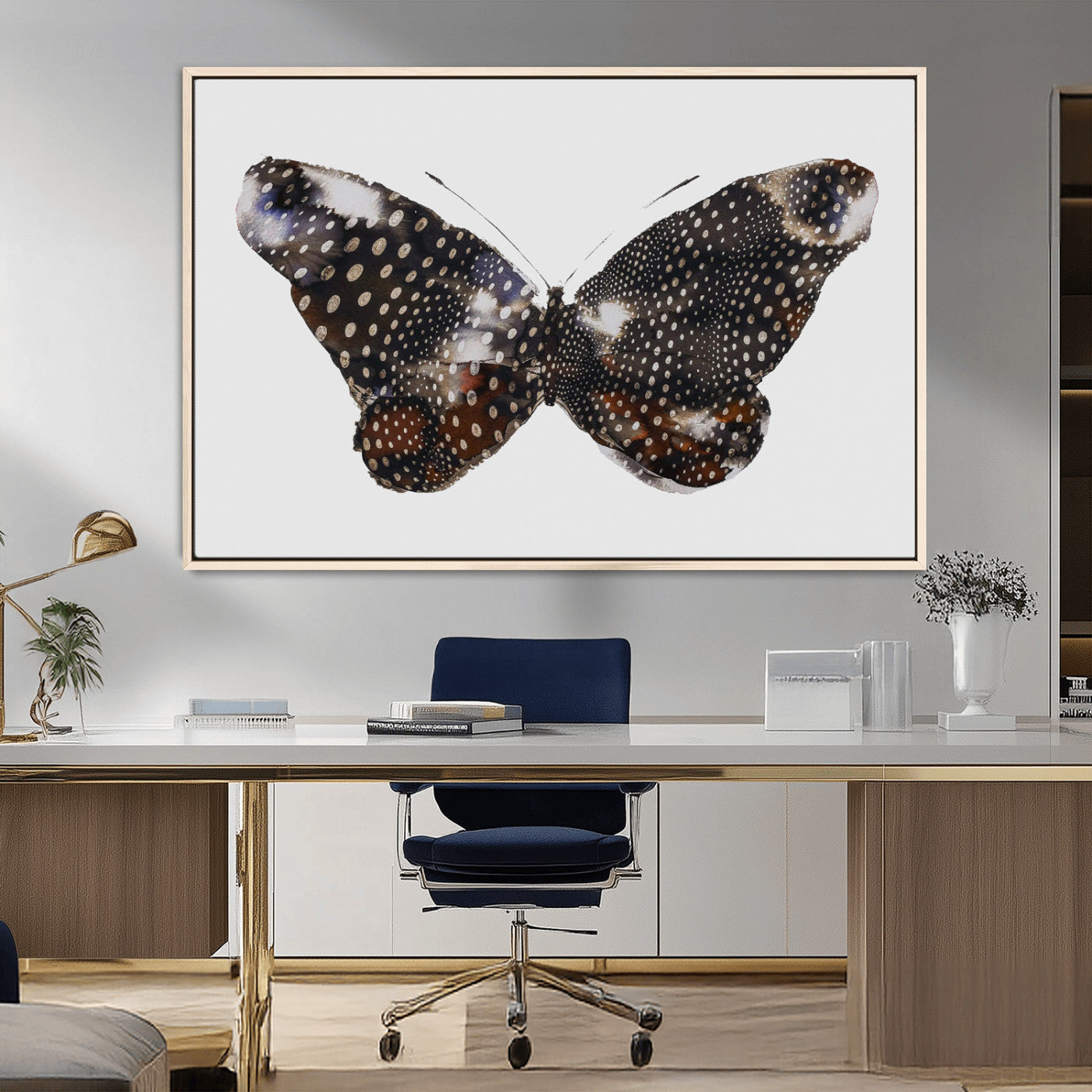 MGV-FC-36X24 - Spotted Butterfly Wall Art Canvas Print, Framed Neutral Insect Theme Art Picture Print, Earthy Wing Pattern Perfect Modern Rustic Decor Artwork
