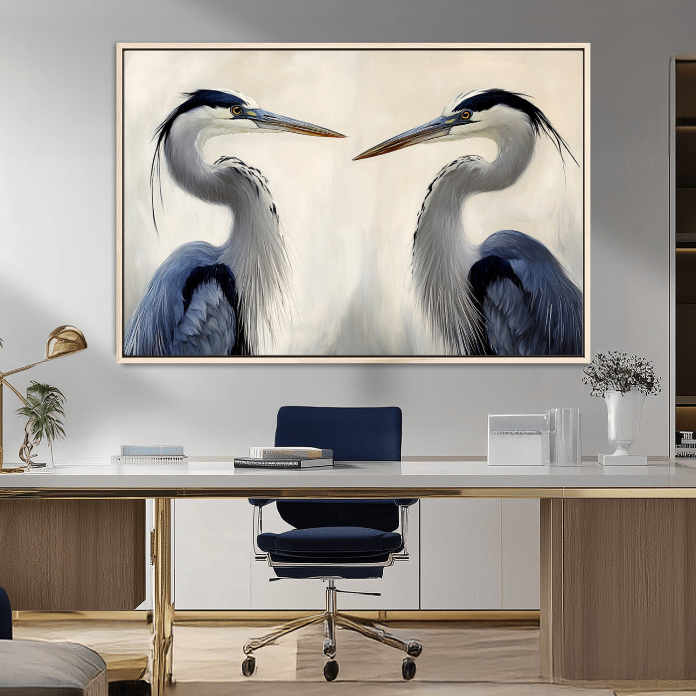 MGV-FC-36X24 - Blue Heron Pair Wall Art Canvas Print, Framed Coastal Bird Theme Art Picture Print, Tranquil Wildlife Scene Perfect Coastal Minimalist Decor Artwork