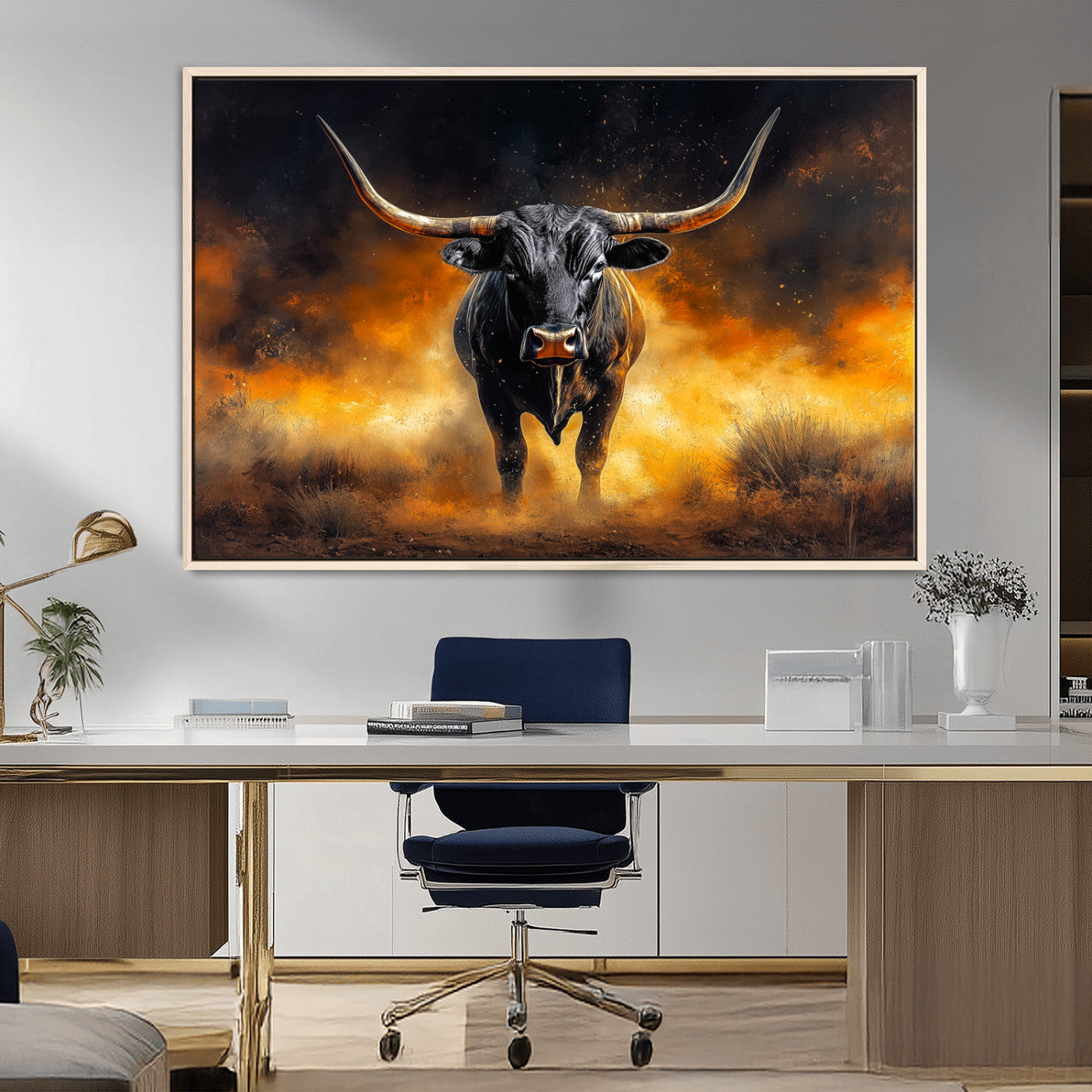 MGV-FC-36X24 - Longhorn Canvas Wall Art Canvas Print, Framed Bold Bull Wall Art Art Picture Print, Western Animal Decor Perfect Western Dramatic Decor Artwork