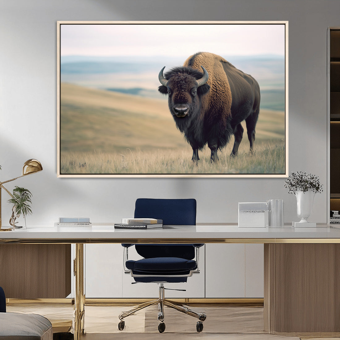 Bison Wall Art Canvas Print, Framed American Buffalo Rustic Western Artwork