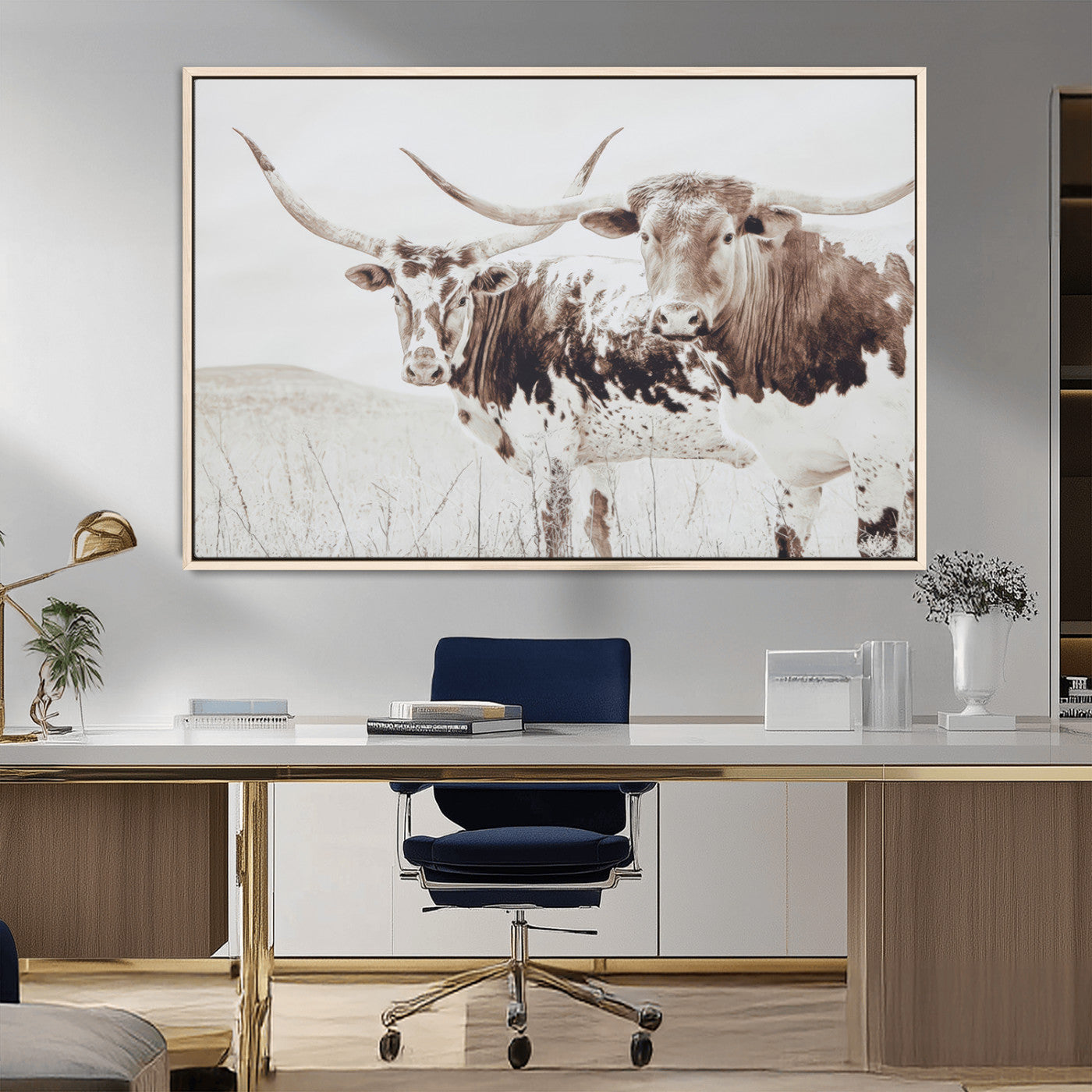 MGV-FC-36X24 - Longhorn Wall Art Wall Art Canvas Print, Framed Western Cow Canvas Art Picture Print, Rustic Farm Decor Perfect Rustic Farmhouse Decor Artwork