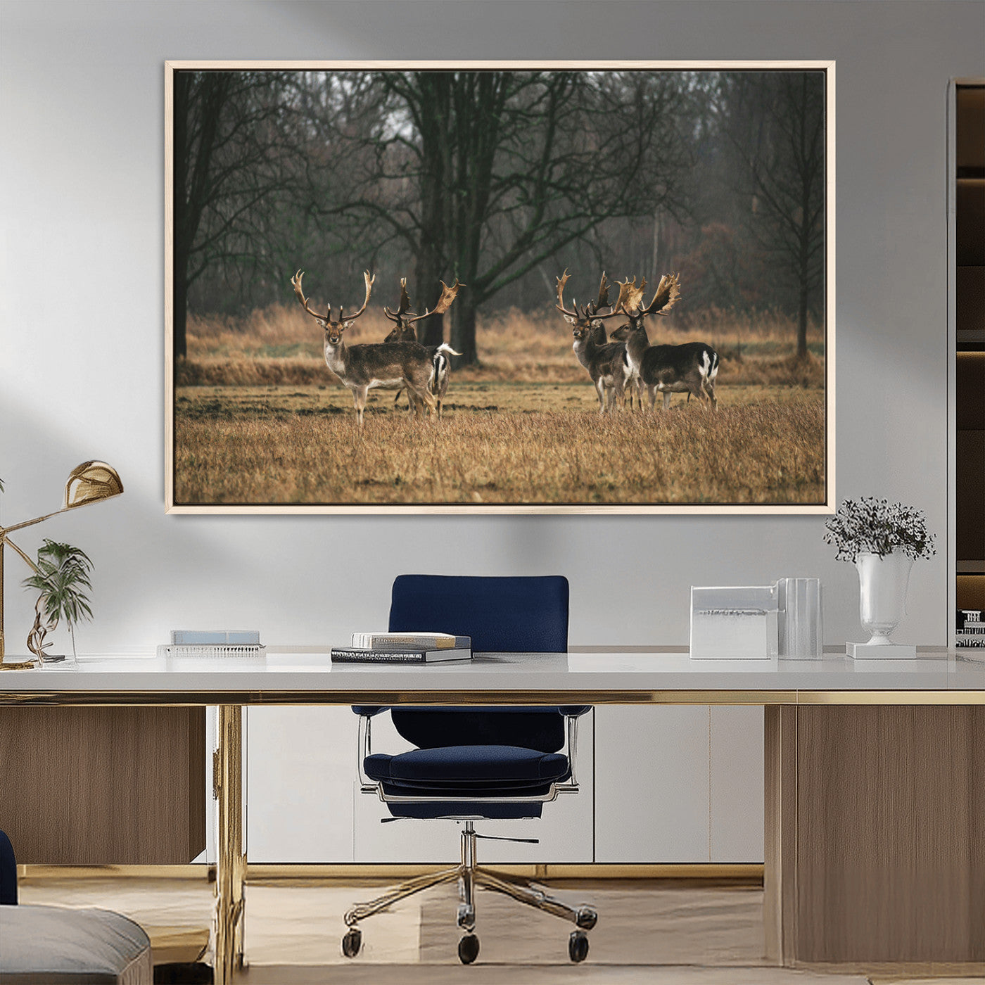 MGV-FC-36X24 - Deer Photography Wall Art Canvas Print, Framed Rustic Wildlife Art Picture Print, Stags In Forest Perfect Rustic Wilderness Decor Artwork